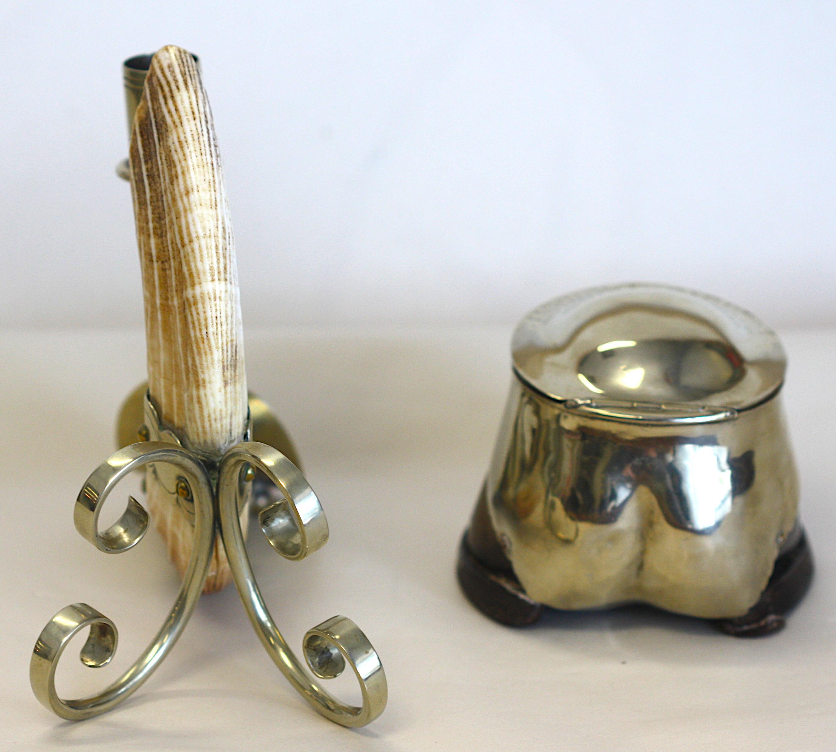 20th Century English Silver Plate Mid Horse Hoof Inkwell and a Silvered Metal Mtd.Tusk Candle For Sale