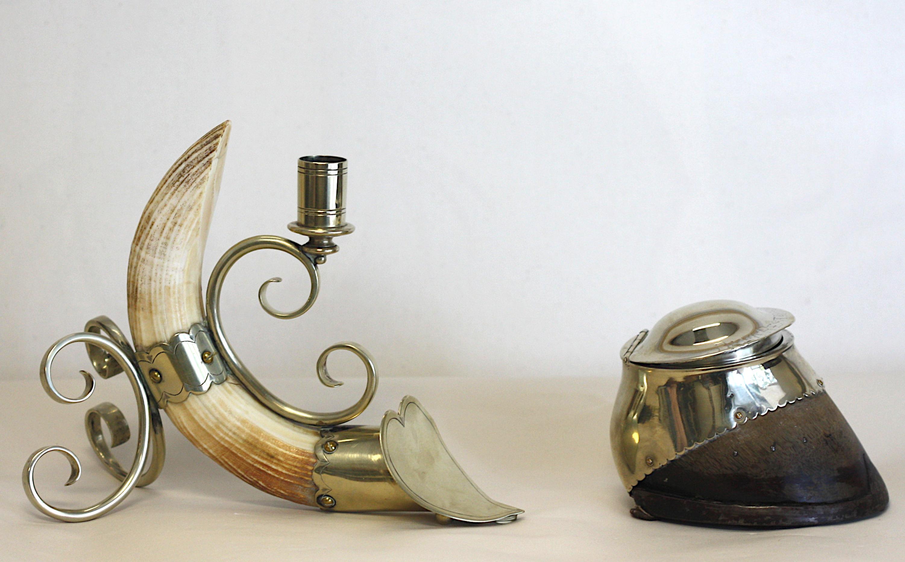 English Silver Plate Mid Horse Hoof Inkwell and a Silvered Metal Mtd.Tusk Candle For Sale 1
