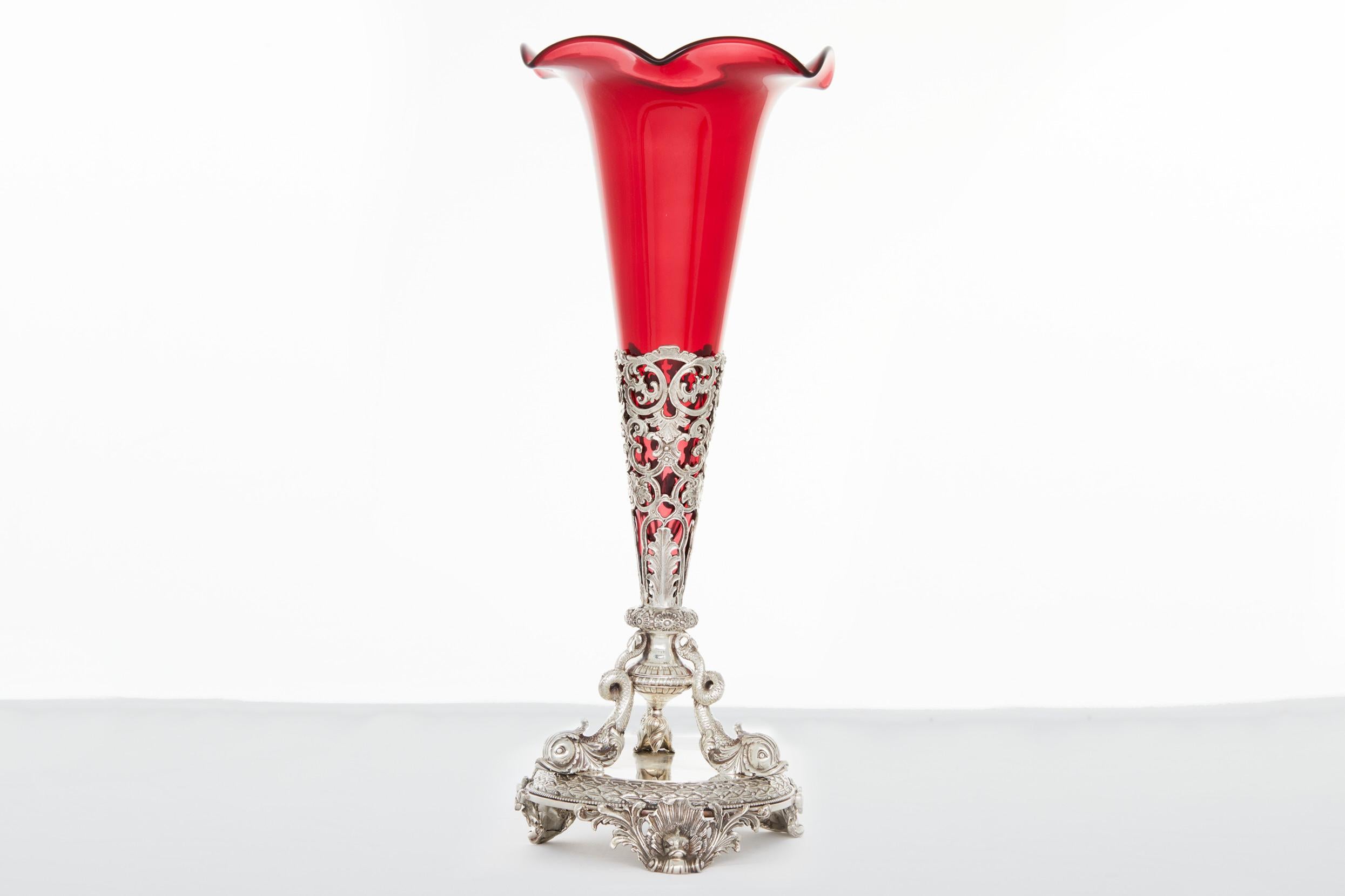 English Silver Plate / Ruby Glass Tall Vase 7