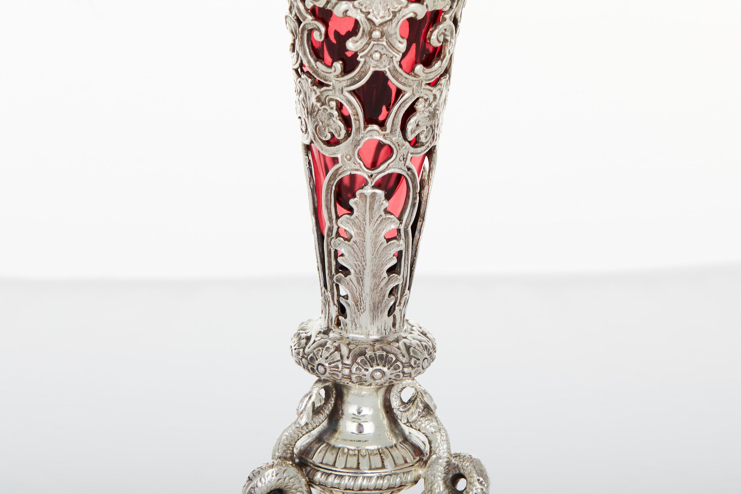 Hand-Crafted English Silver Plate / Ruby Glass Tall Vase