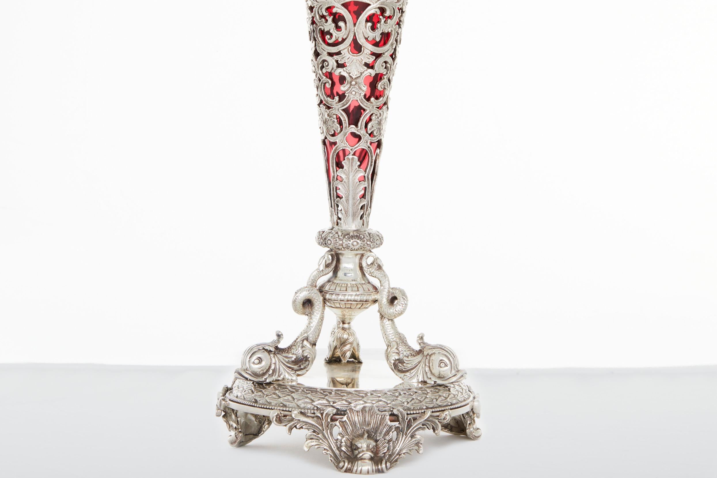 English Silver Plate / Ruby Glass Tall Vase In Good Condition In Tarry Town, NY
