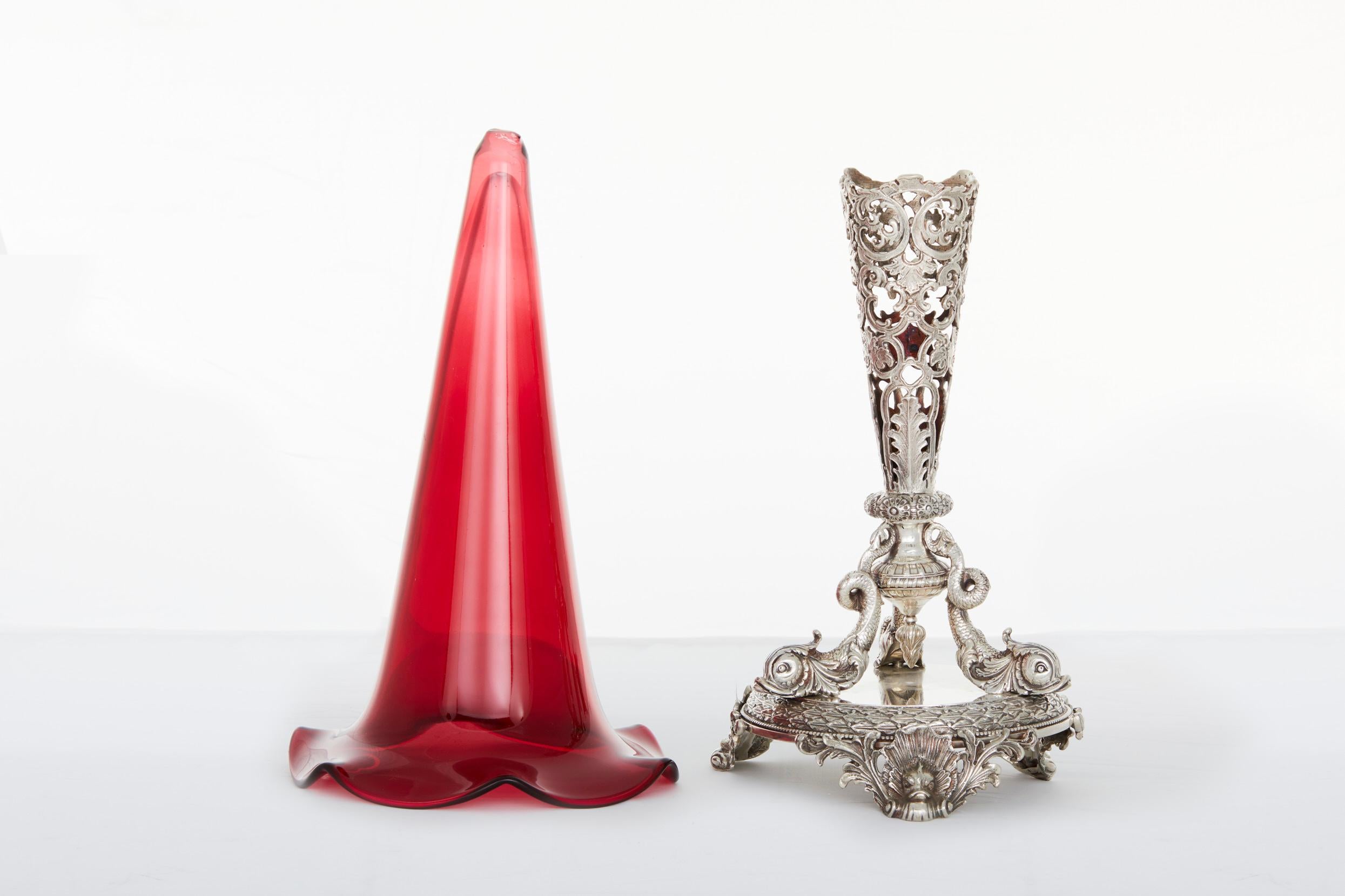 English Silver Plate / Ruby Glass Tall Vase 1