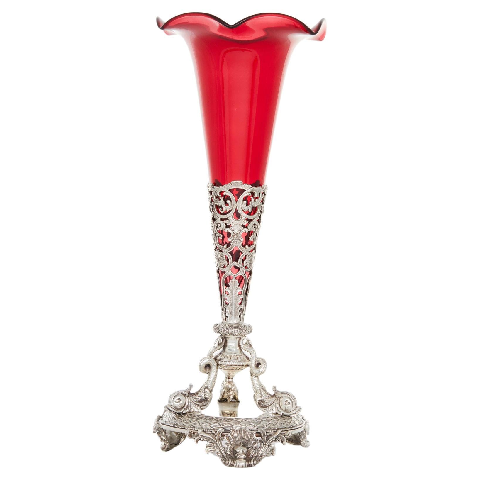 English Silver Plate / Ruby Glass Tall Vase