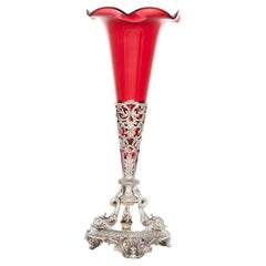 Antique English Silver Plate / Ruby Glass Tall Vase