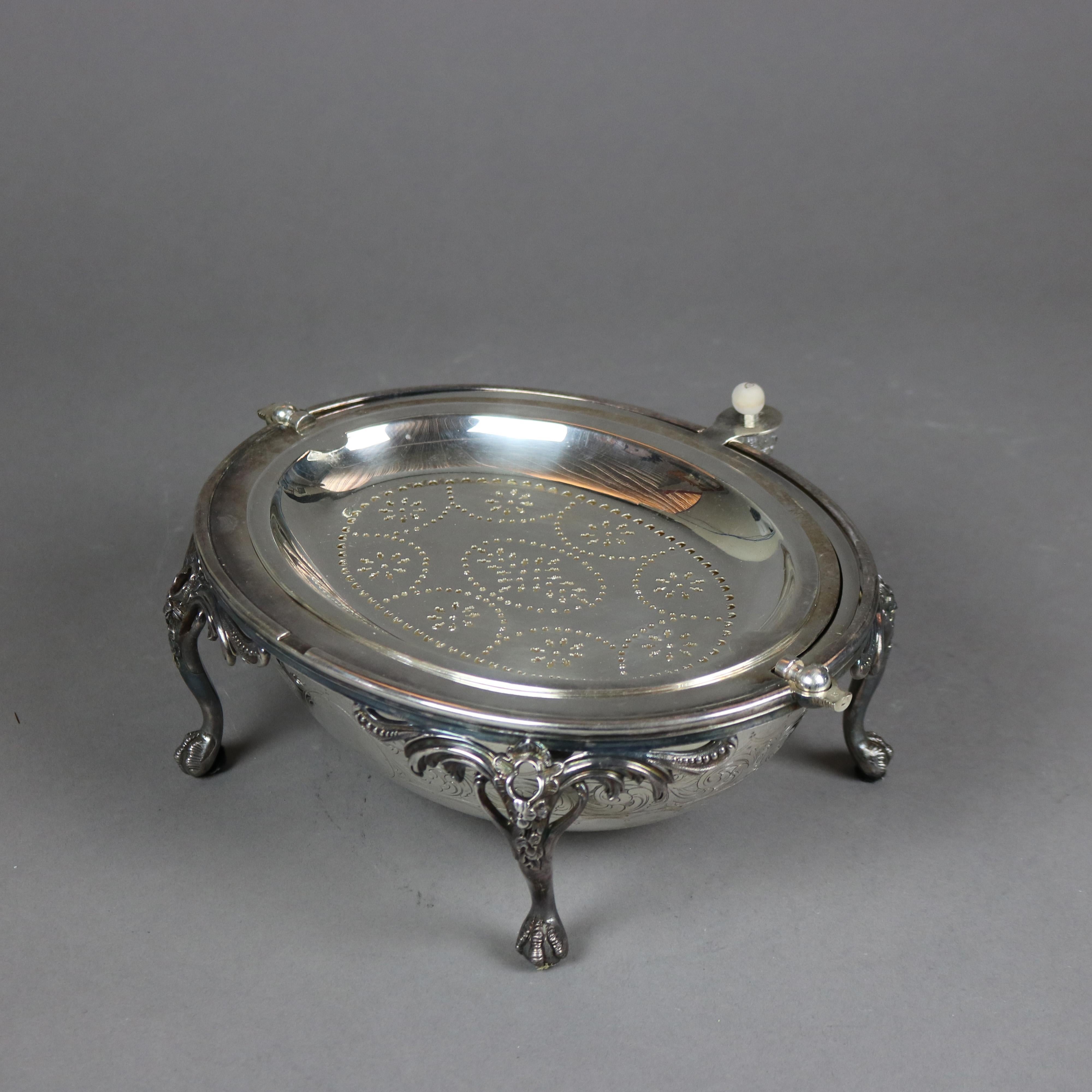 English Silver Plate Swivel Top Acanthus & Claw Foot Serving Dish, 20th C 5