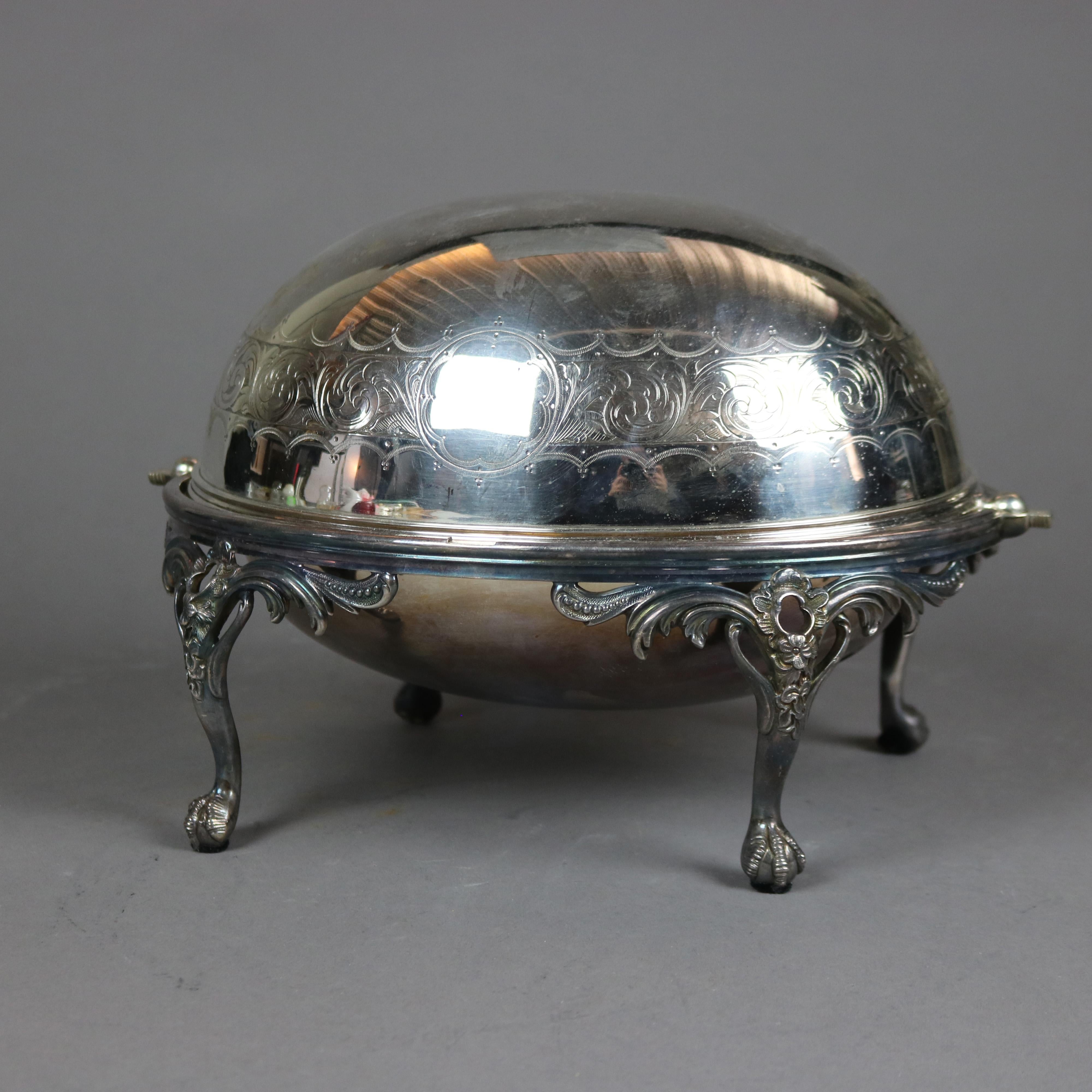 English Silver Plate Swivel Top Acanthus & Claw Foot Serving Dish, 20th C In Good Condition In Big Flats, NY