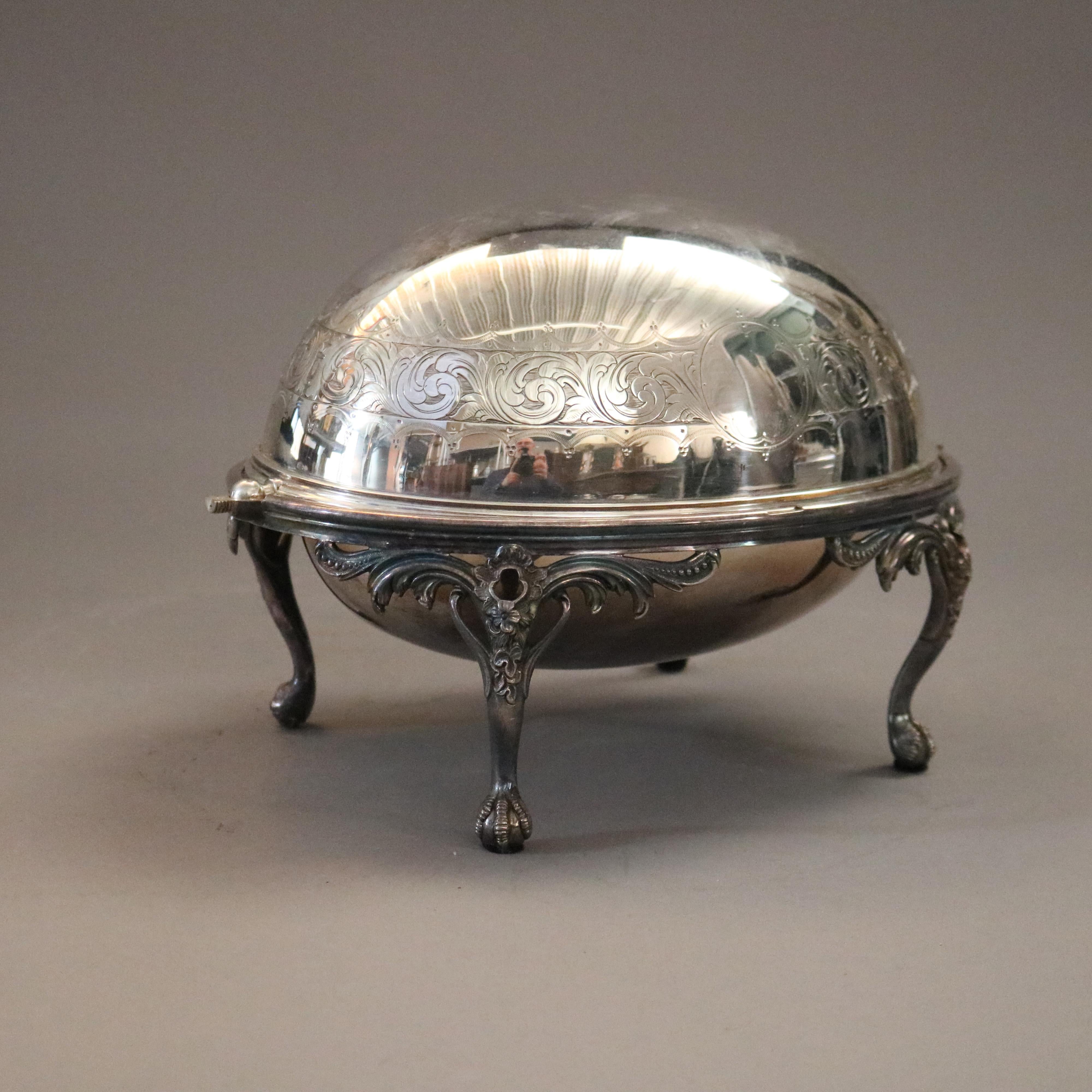 20th Century English Silver Plate Swivel Top Acanthus & Claw Foot Serving Dish, 20th C