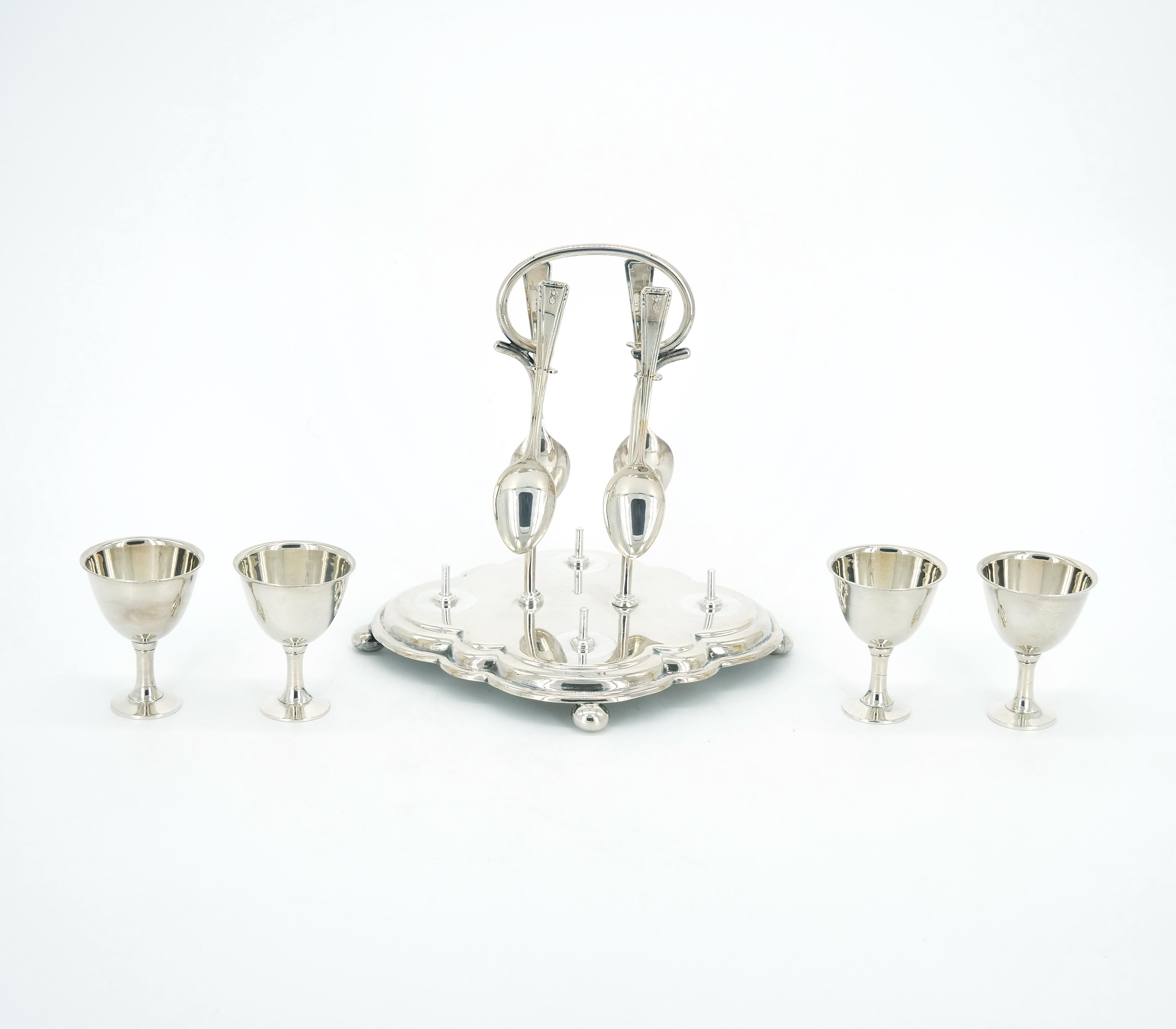 English Silver Plate Tableware Four Eggs Holder Service / Spoons 2