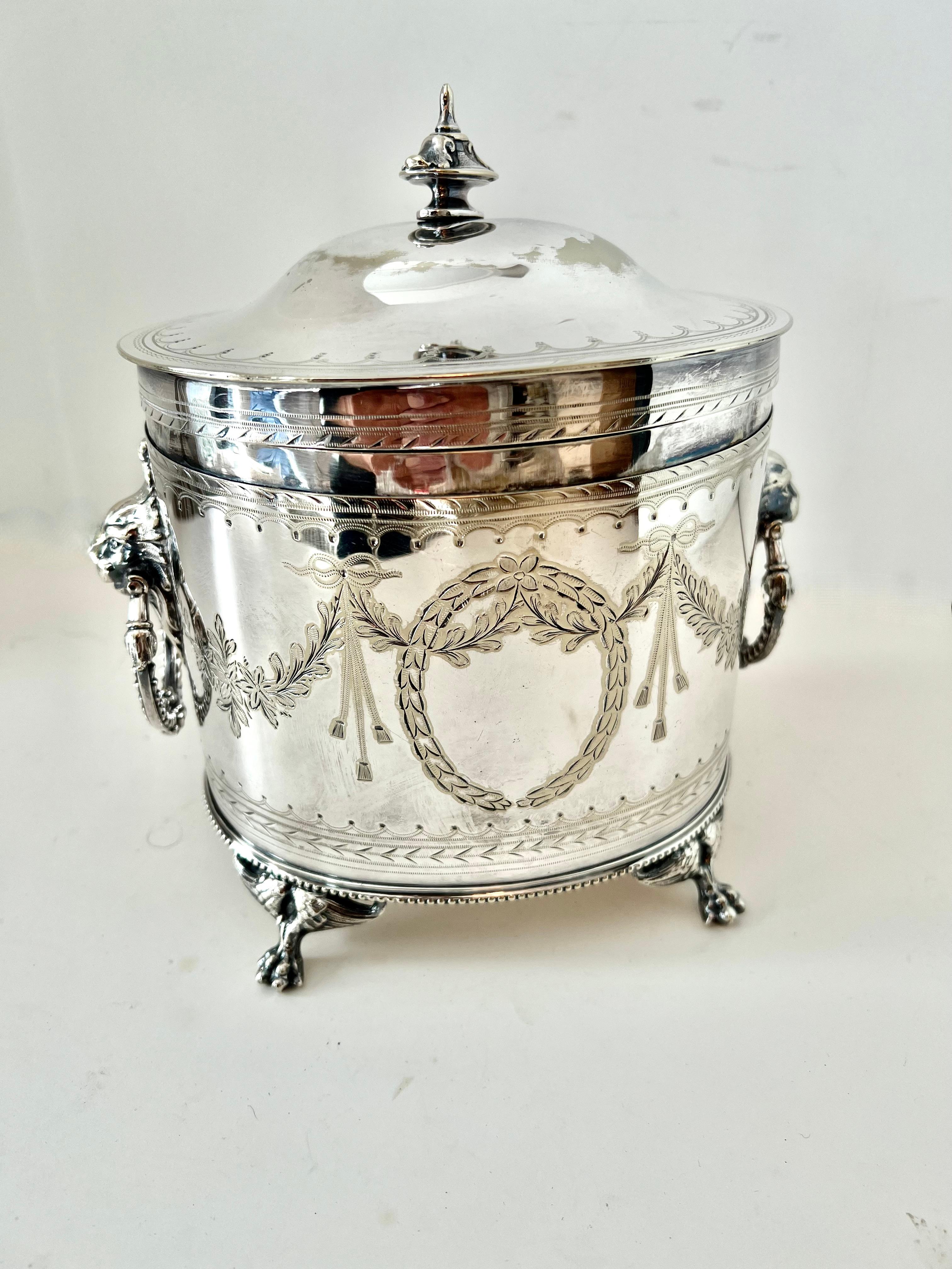 Etched English Silver Plate Tea Caddy with Lion and Ring Handles For Sale
