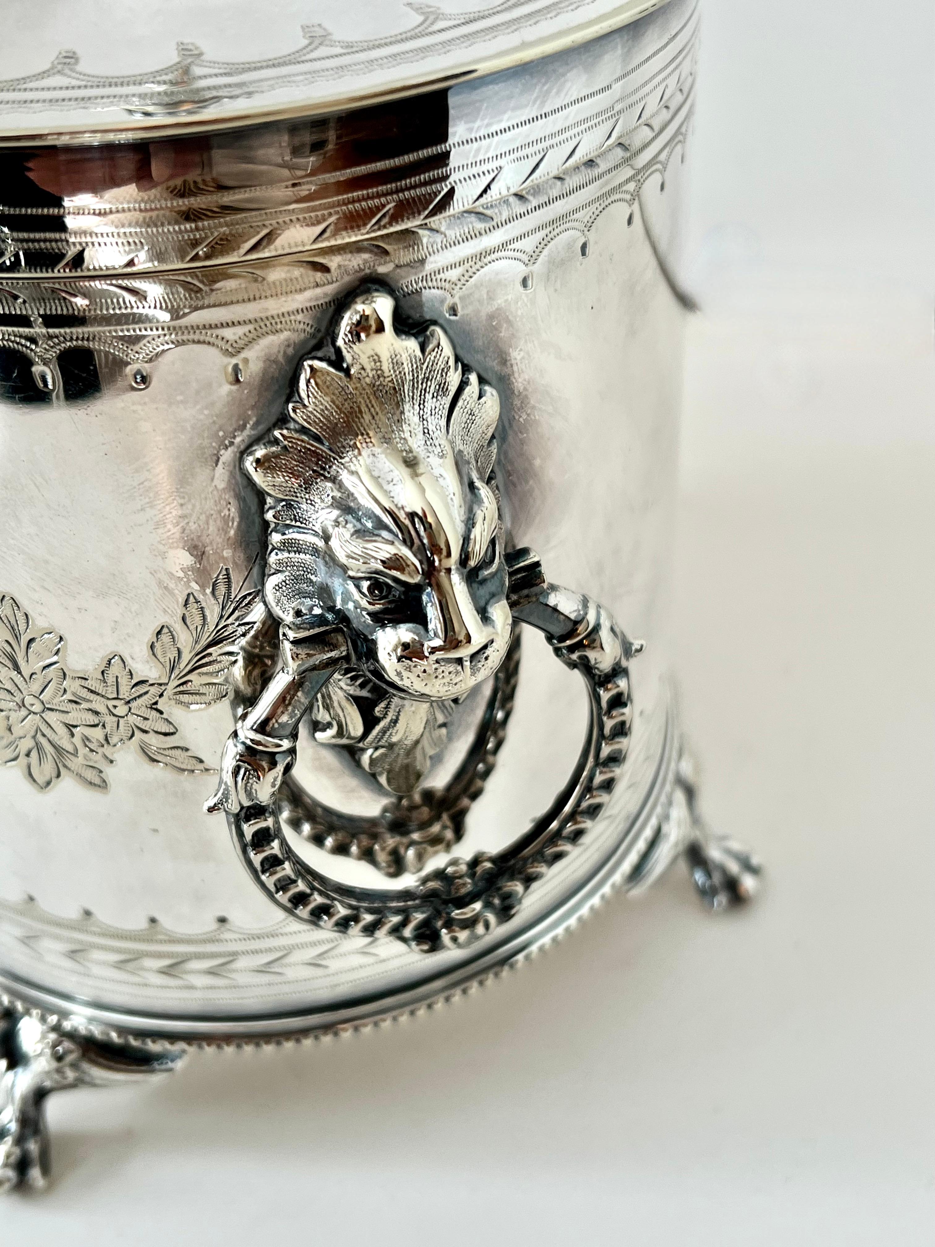 20th Century English Silver Plate Tea Caddy with Lion and Ring Handles For Sale