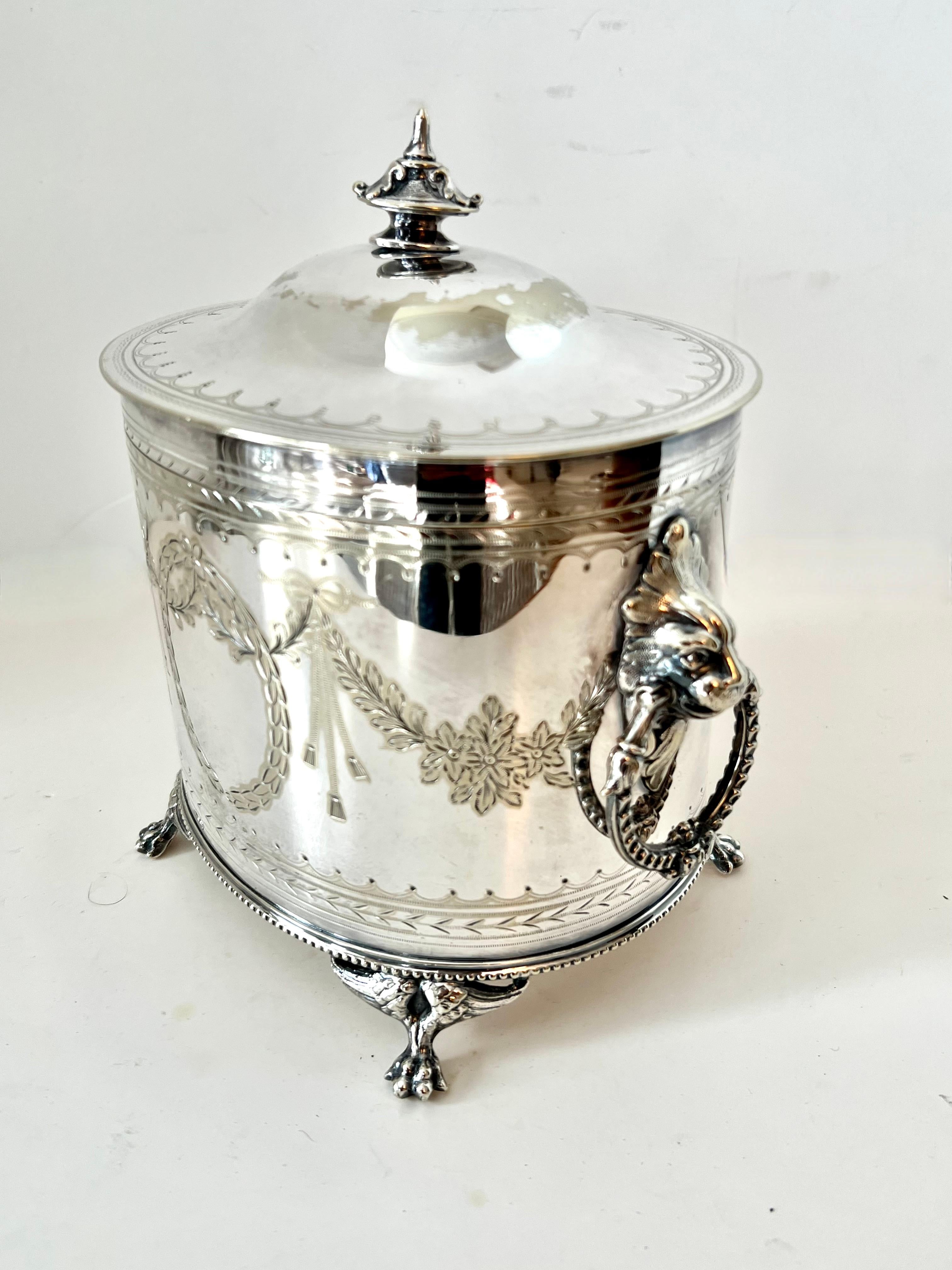 English Silver Plate Tea Caddy with Lion and Ring Handles For Sale 1