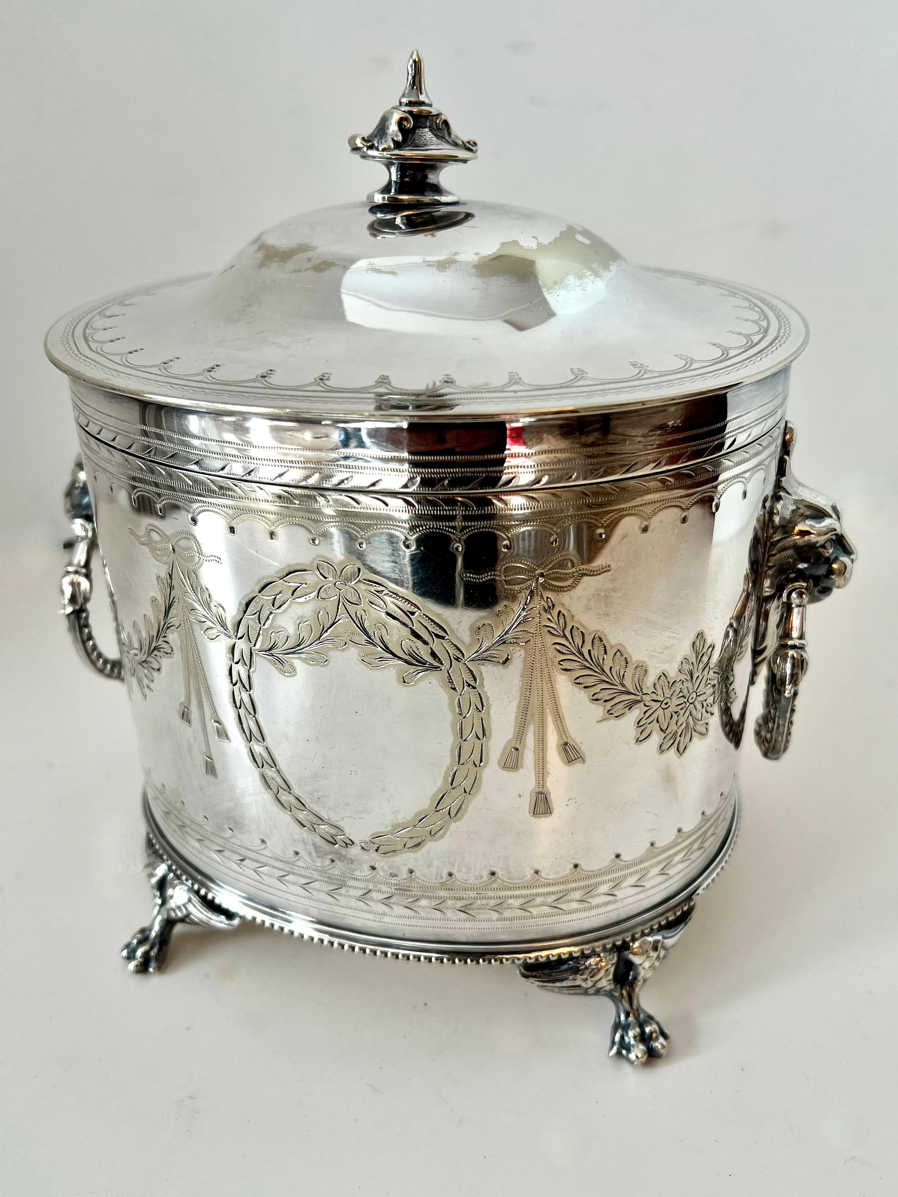 English Silver Plate Tea Caddy with Lion and Ring Handles For Sale 2