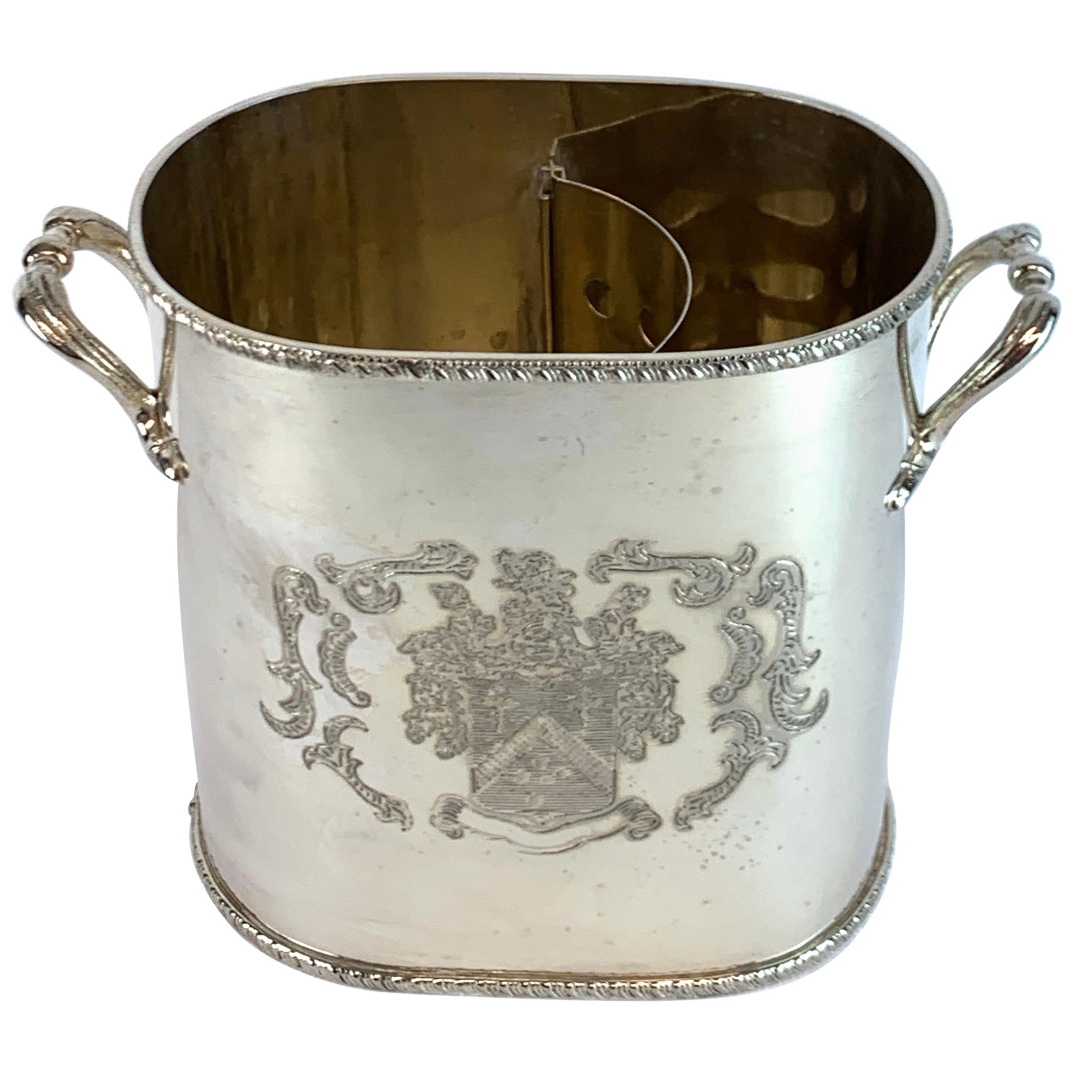 English Silver Plated Armorial Oval Wine Cooler, with Interior Caddy