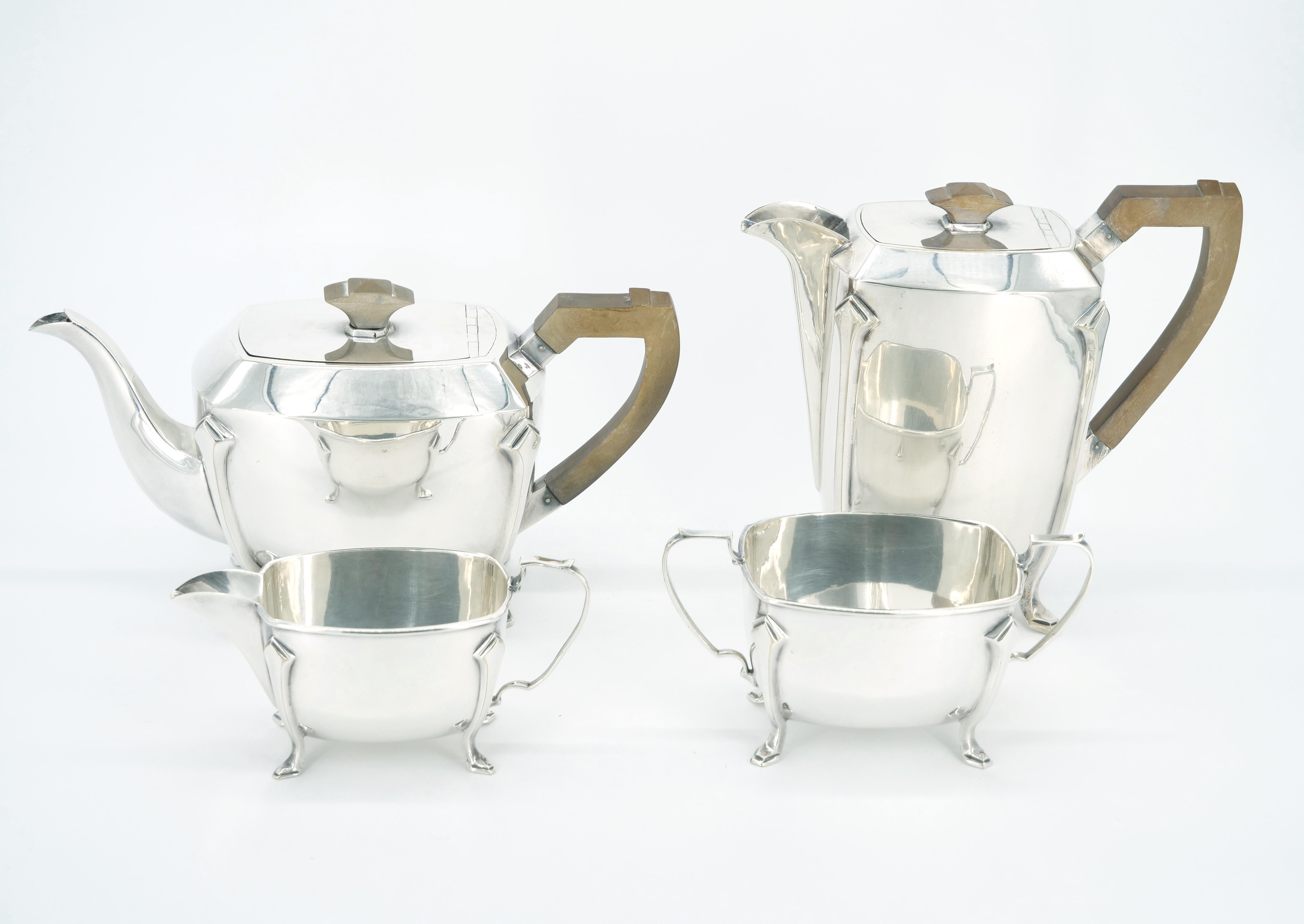 Art Deco English Silver Plated Bone Handle Four Piece Tea / Coffee Service / Tray For Sale