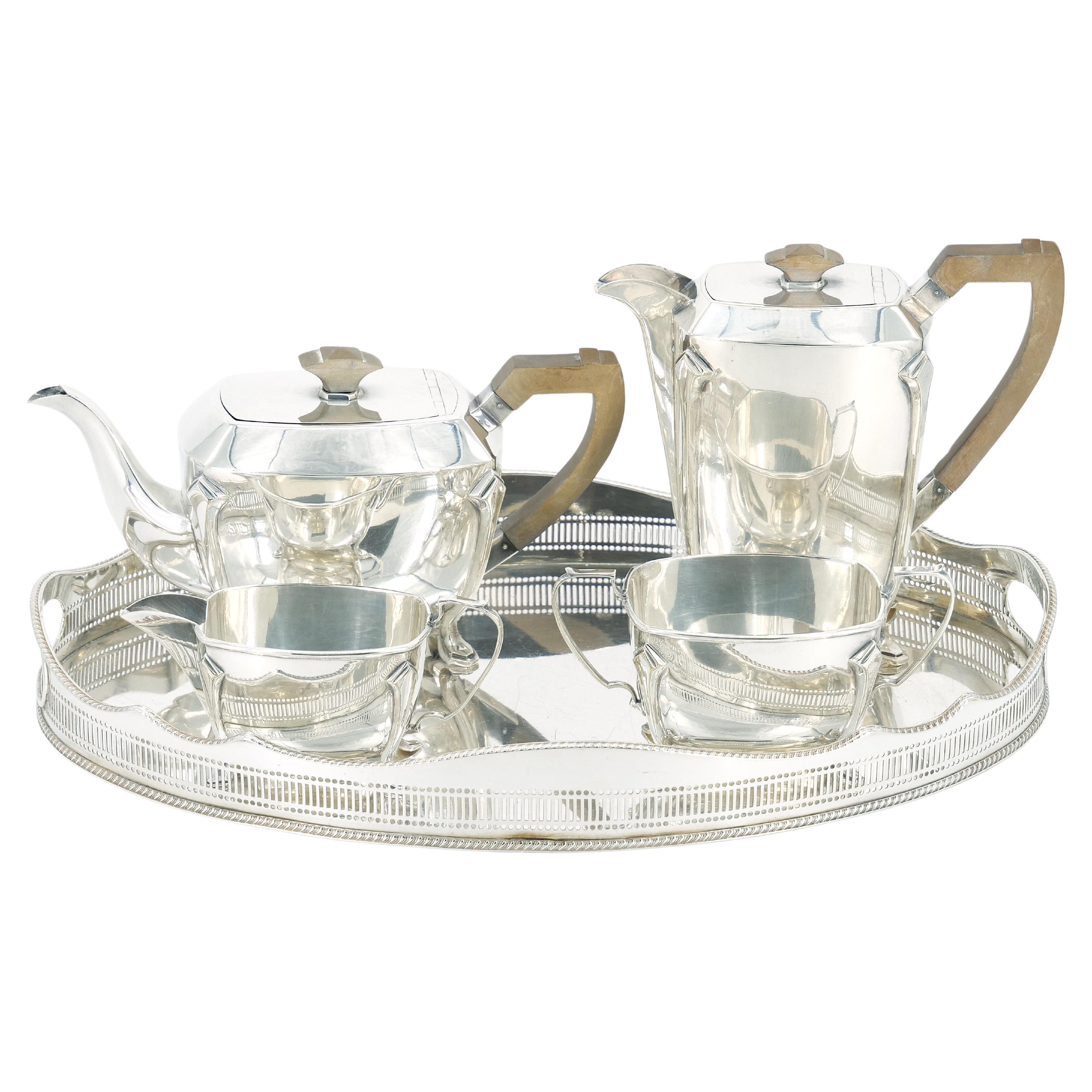 Servicio de té/café/bandeja inglesa de cuatro piezas con asa de hueso chapada en plata
