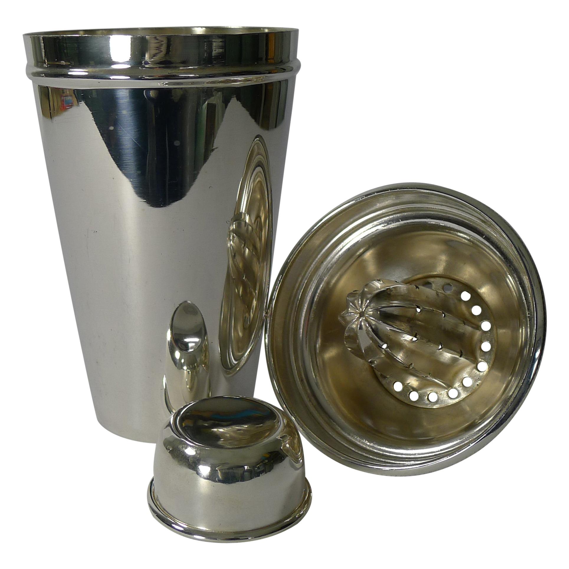 English Silver Plated Cocktail Shaker with Lemon Squeezer, circa 1930