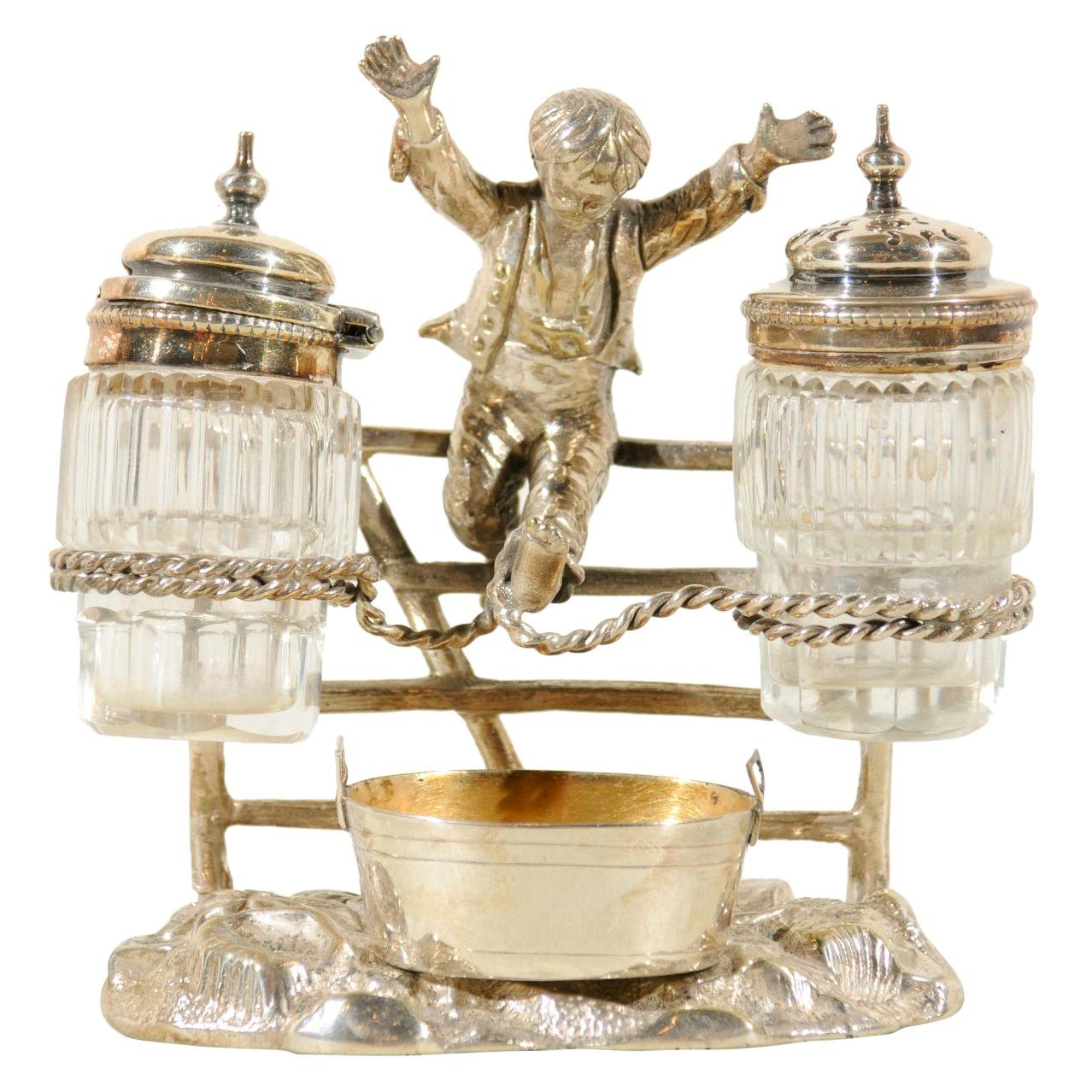 English Silver Plated Cruet Set of Young Boy Leaping in the Air, circa 1873 For Sale