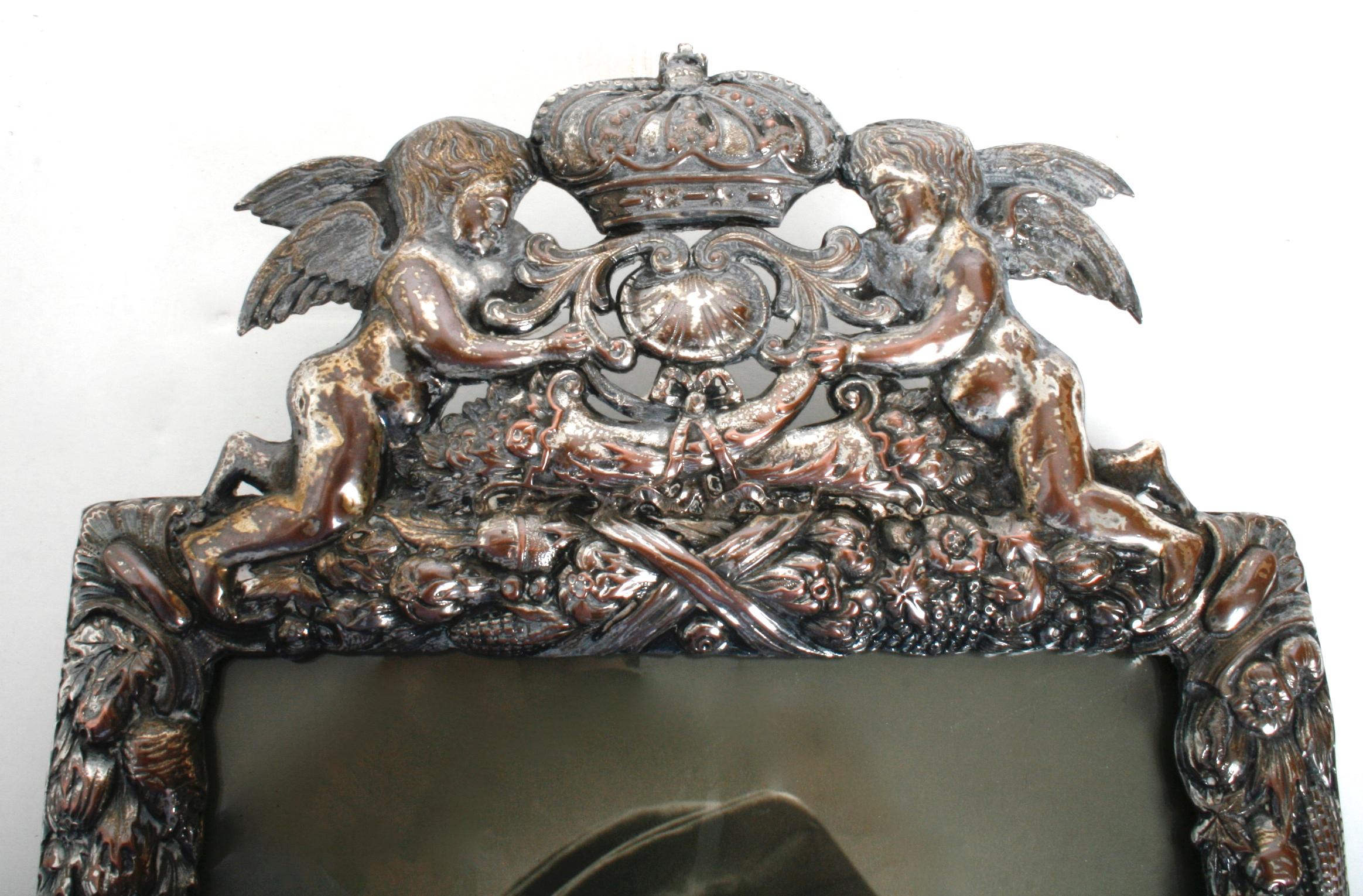 Repoussé English Silver-Plated Frame with Crown and Putti Crest, Early 20th Century For Sale