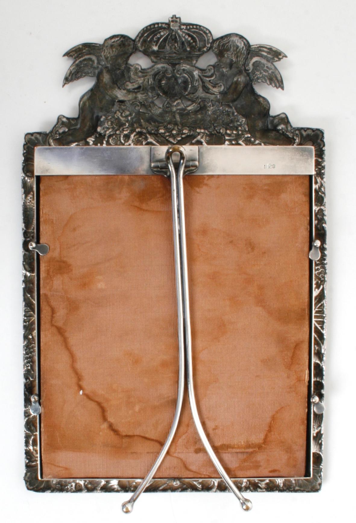 Silver Plate English Silver-Plated Frame with Crown and Putti Crest, Early 20th Century For Sale