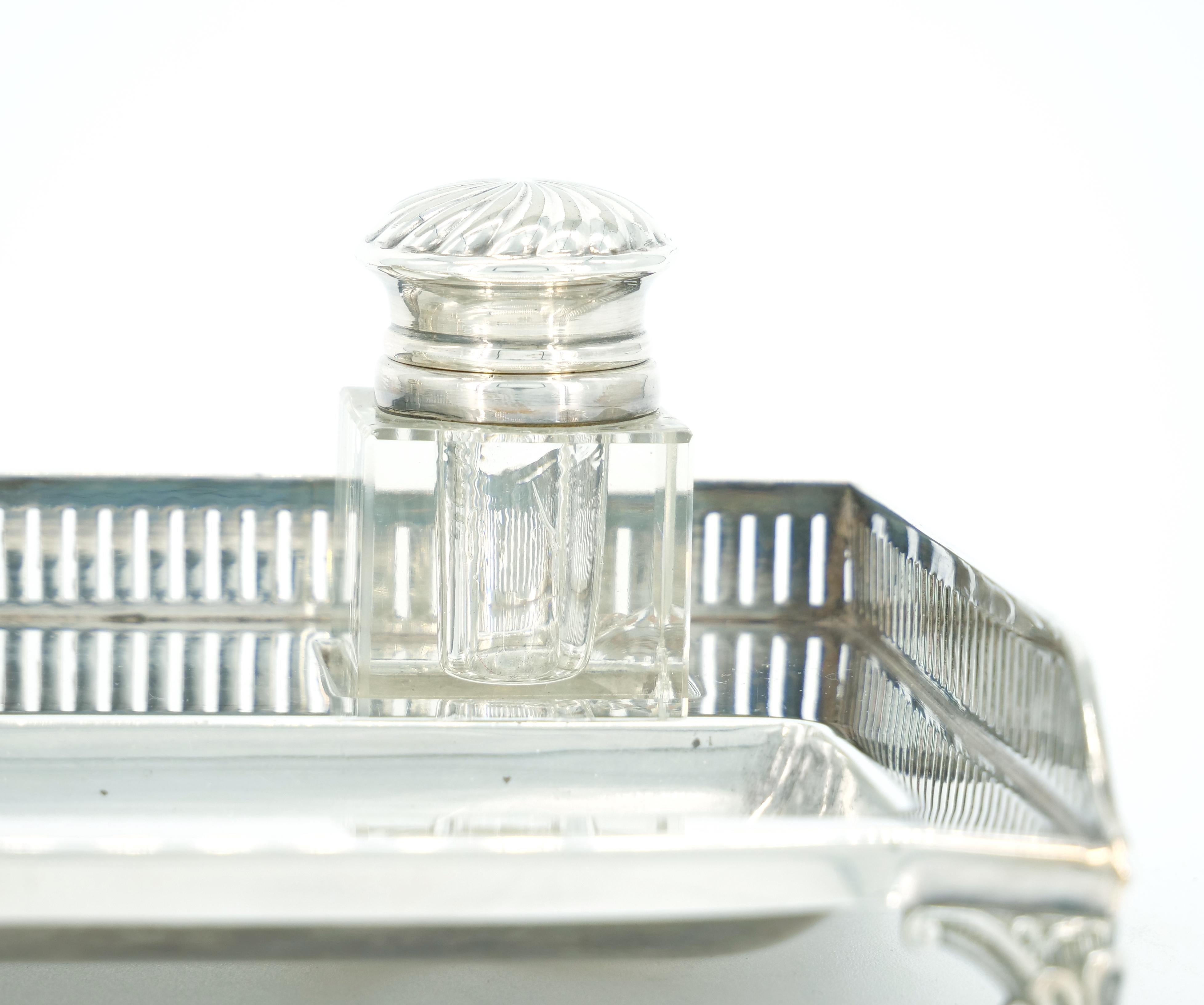 English Silver Plated Gallery Top Footed Holding Base / Cut Glass Inkwell  For Sale 6