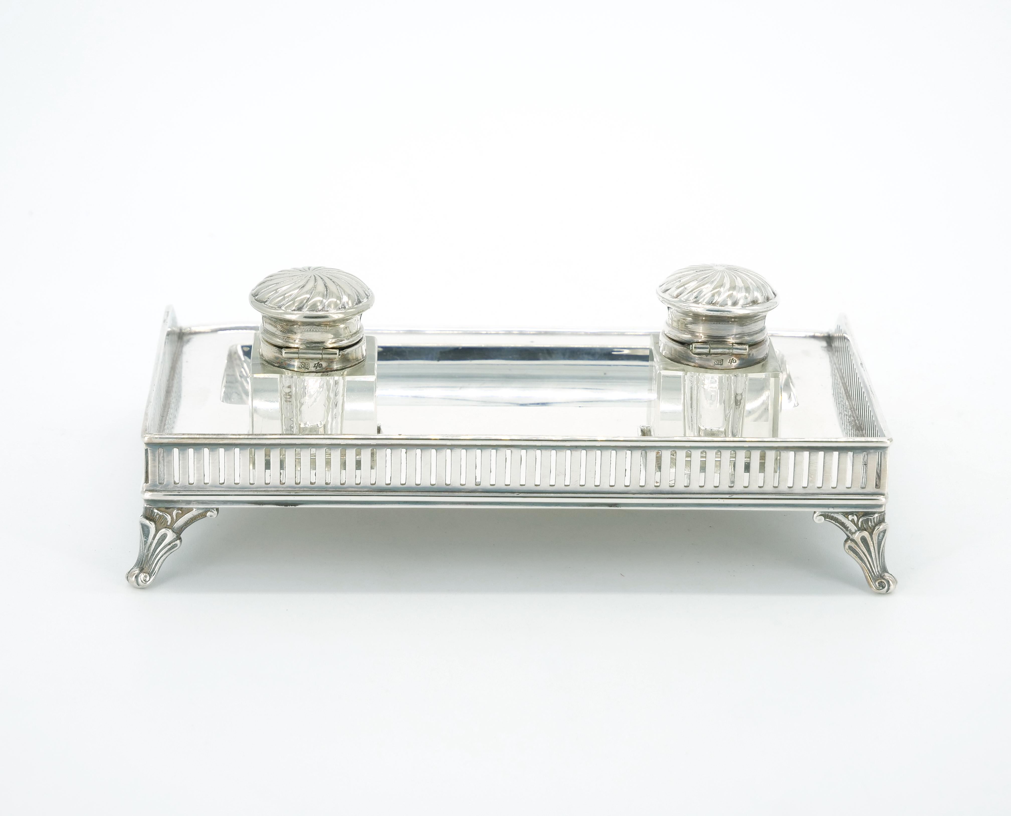 English Silver Plated Gallery Top Footed Holding Base / Cut Glass Inkwell  For Sale 9