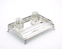 English Silver Plated Gallery Top Footed Holding Base / Cut Glass Inkwell