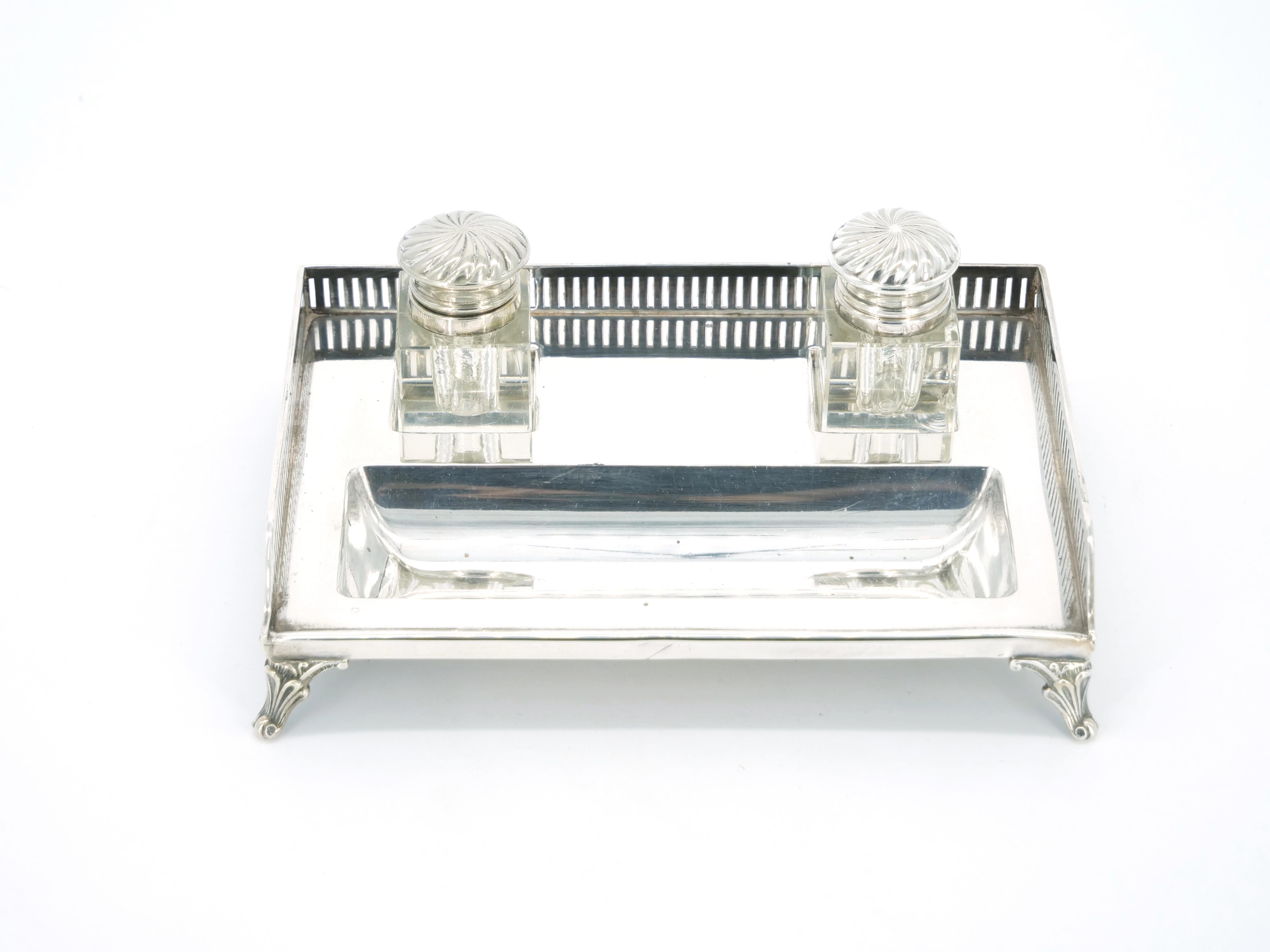 19th Century English Silver Plated Gallery Top Footed Holding Base / Cut Glass Inkwell  For Sale