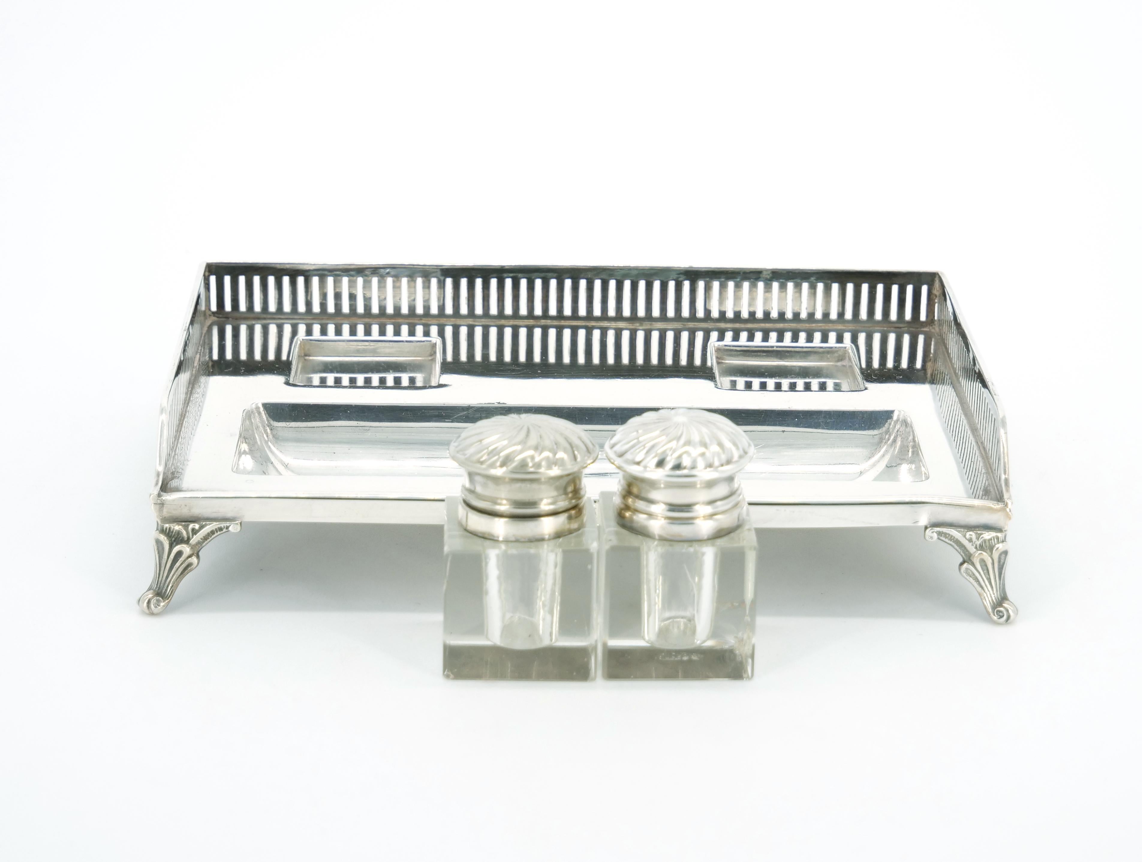 English Silver Plated Gallery Top Footed Holding Base / Cut Glass Inkwell  For Sale 1