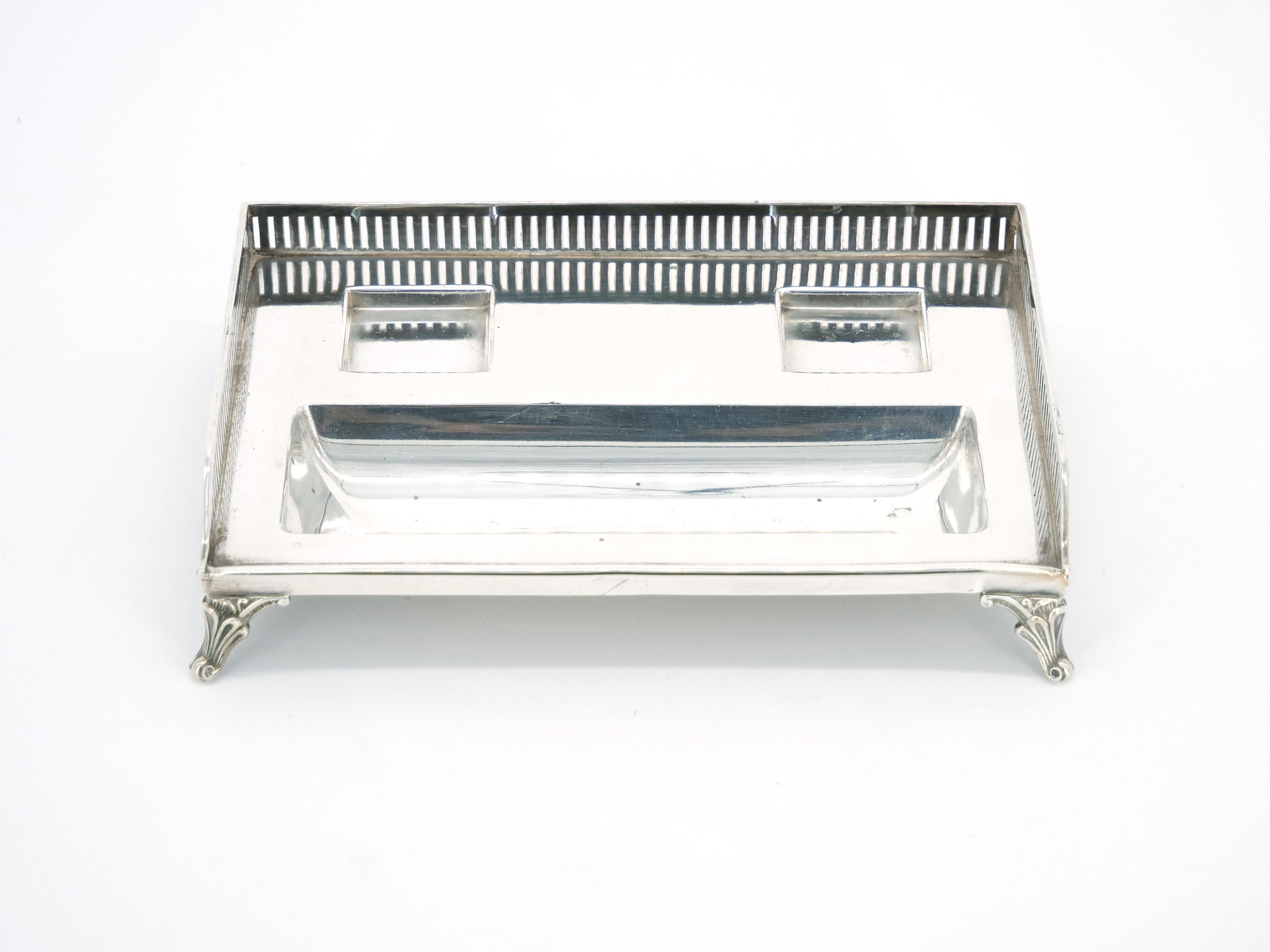 English Silver Plated Gallery Top Footed Holding Base / Cut Glass Inkwell  For Sale 3