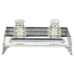 English Silver Plated Gallery Top Footed Holding Base / Cut Glass Inkwell