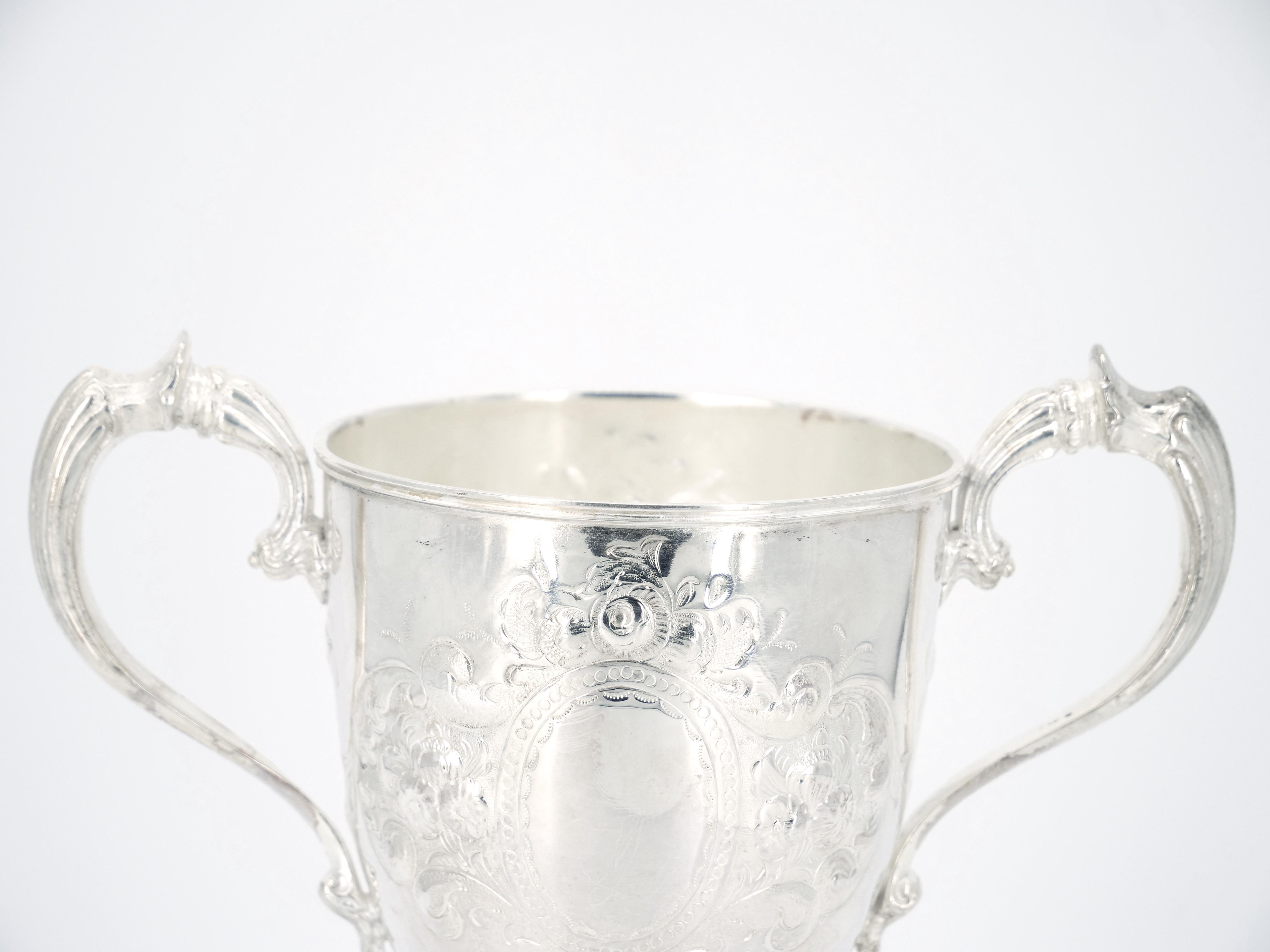 Late 19th Century English Silver Plated Handled Trophy Cup Decorative Vase / Urn For Sale