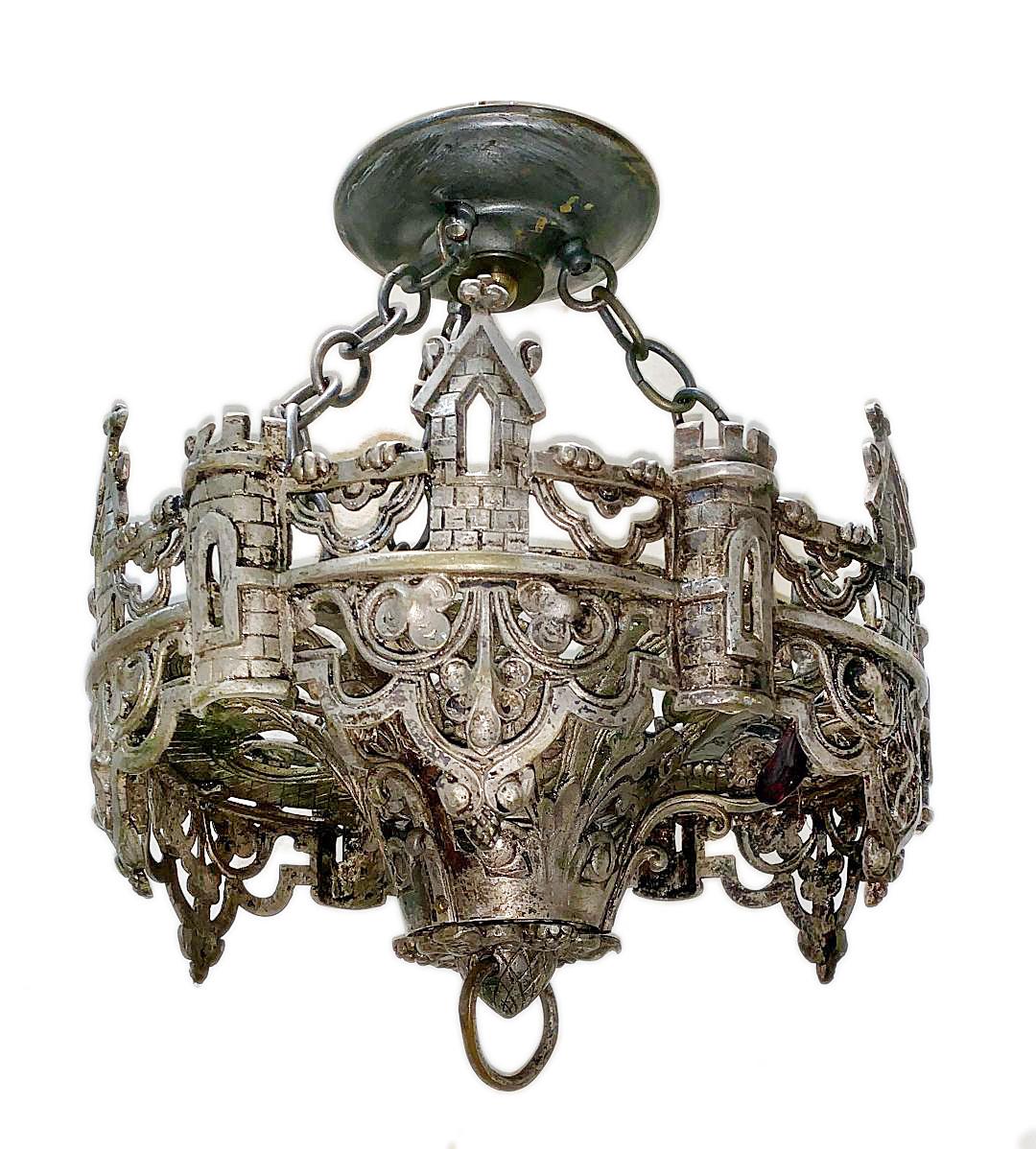 A circa 1920's antique English silver-plated light fixture with three interior lights, open work body and original patina.

Measurements:
Height: 17.5