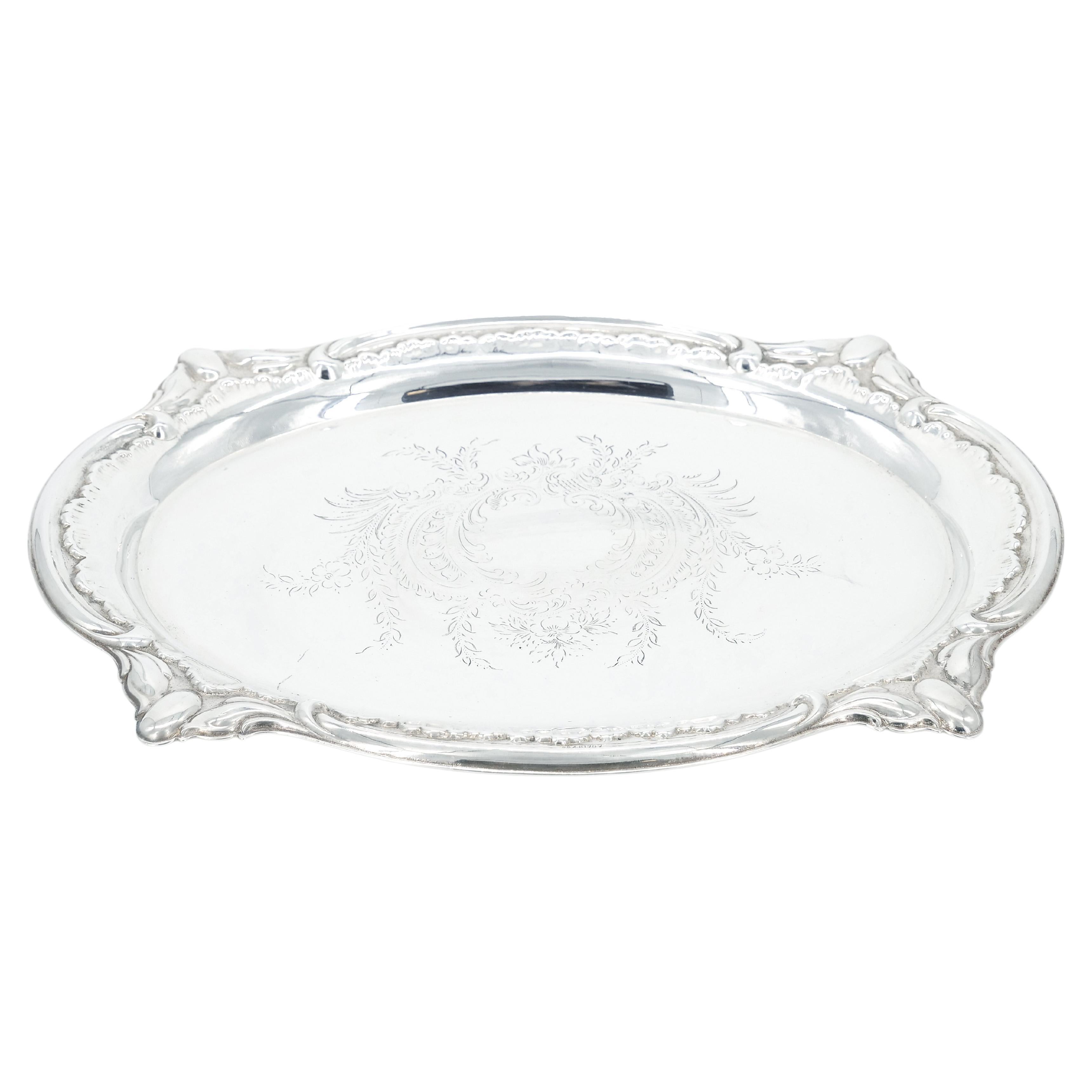 Sterling Silver English Silver Plated Oval Shape Hand Decorated Interior Serving Tray For Sale