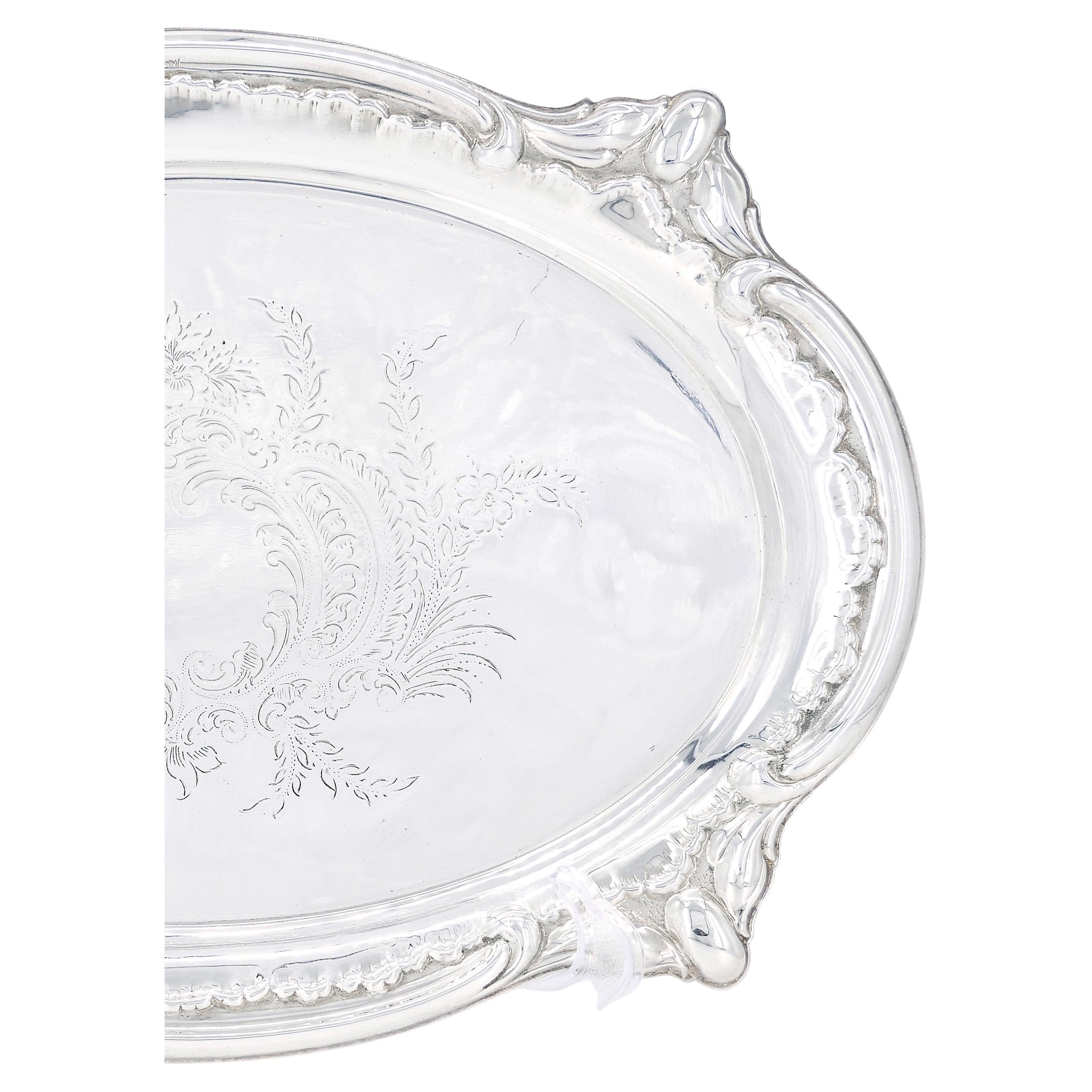 English Silver Plated Oval Shape Hand Decorated Interior Serving Tray For Sale 1