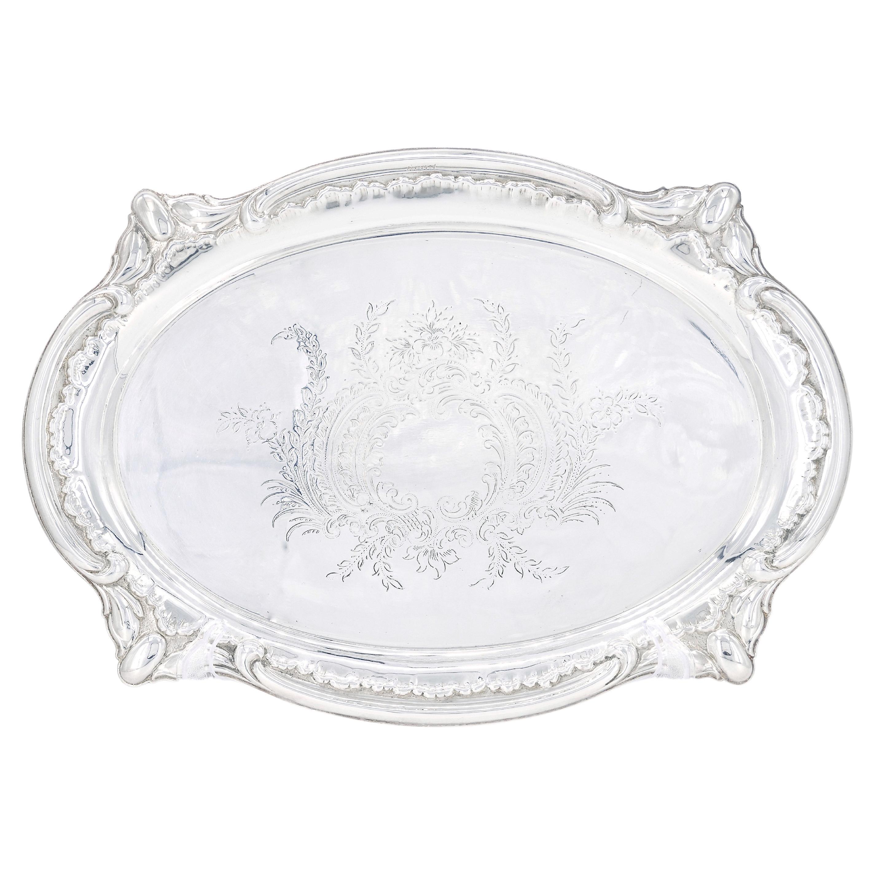 English Silver Plated Oval Shape Hand Decorated Interior Serving Tray For Sale