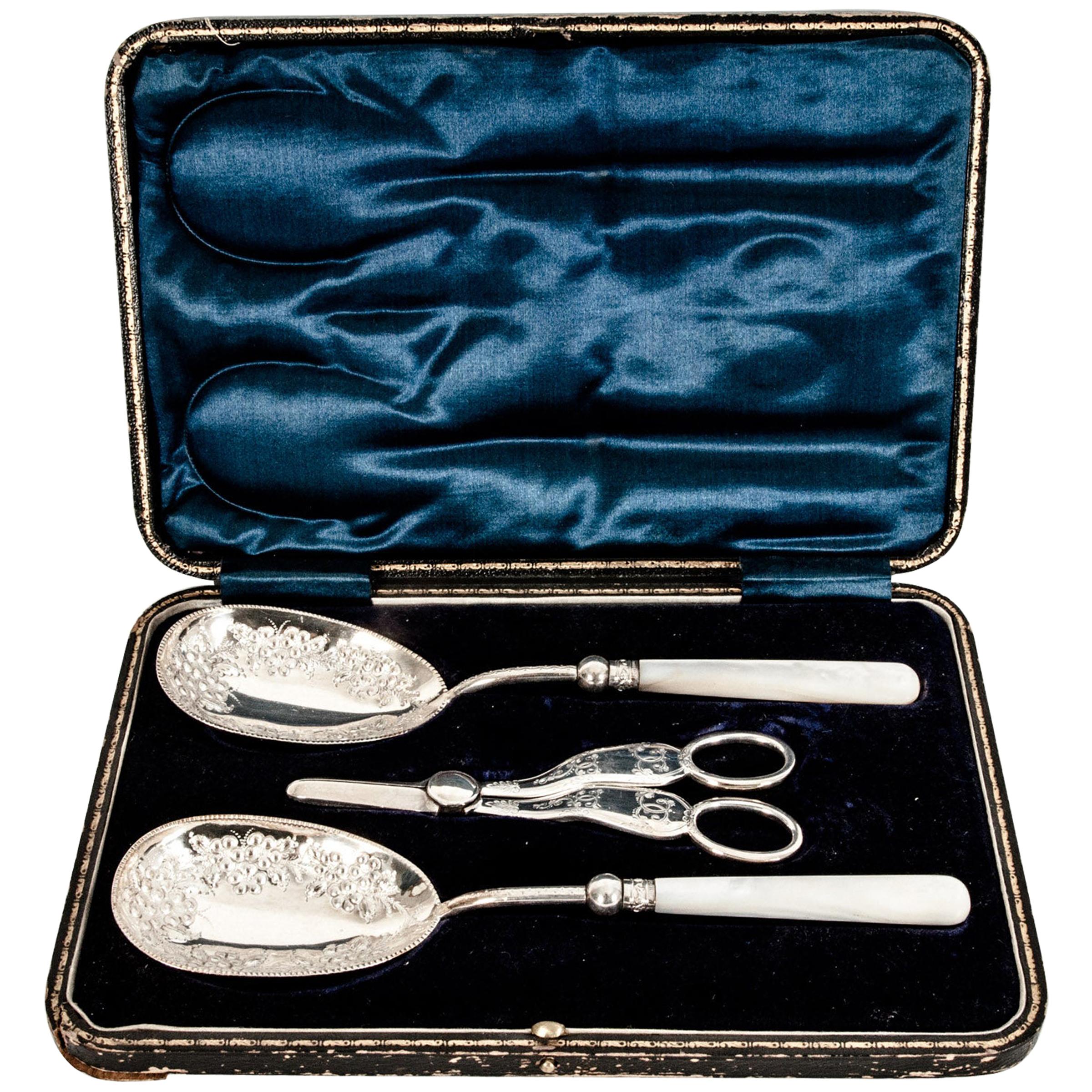 English Silver Plated Set Spoons & Grape Shears