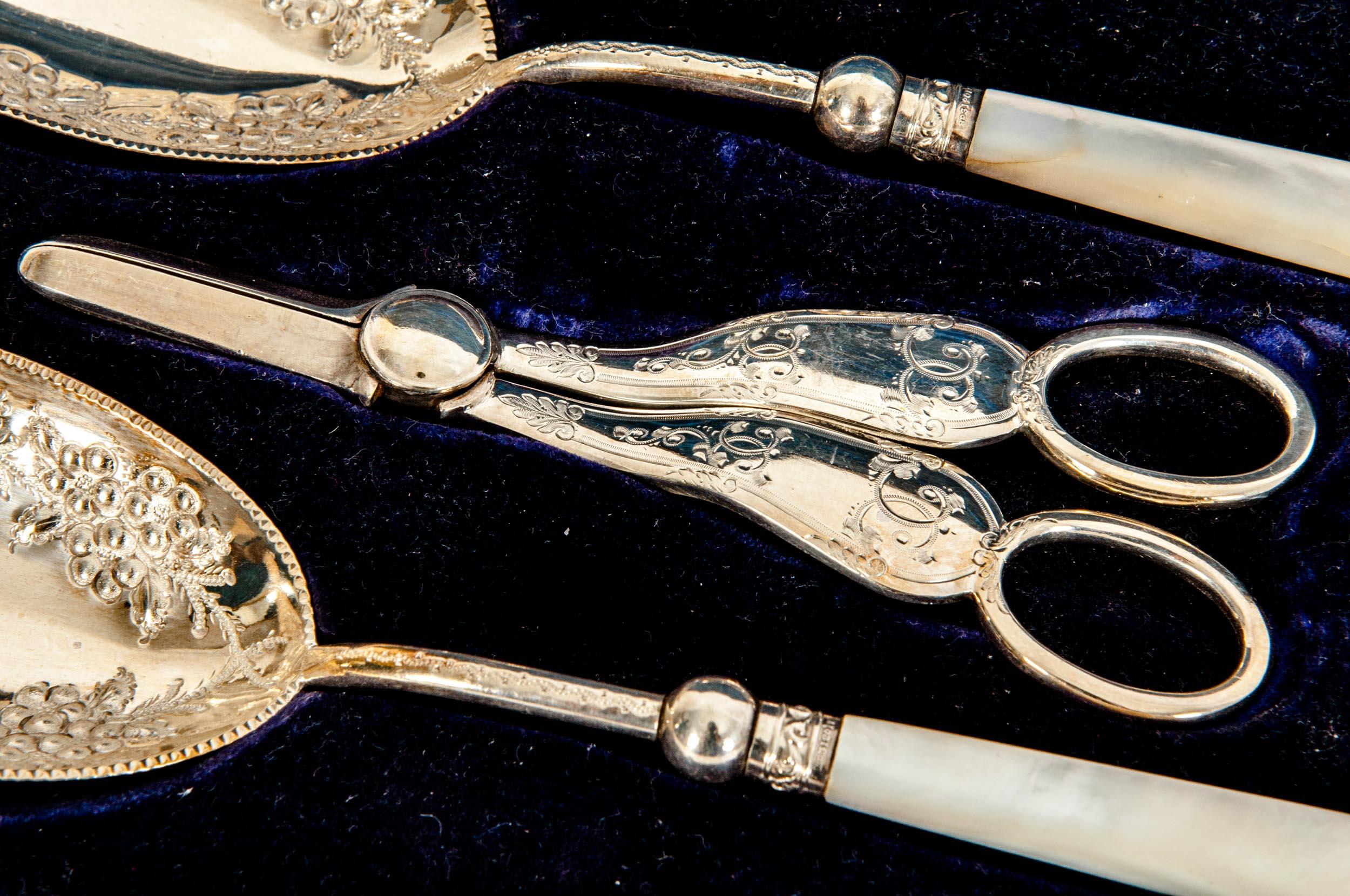 19th Century English Silver Plated Set Spoons & Grape Shears