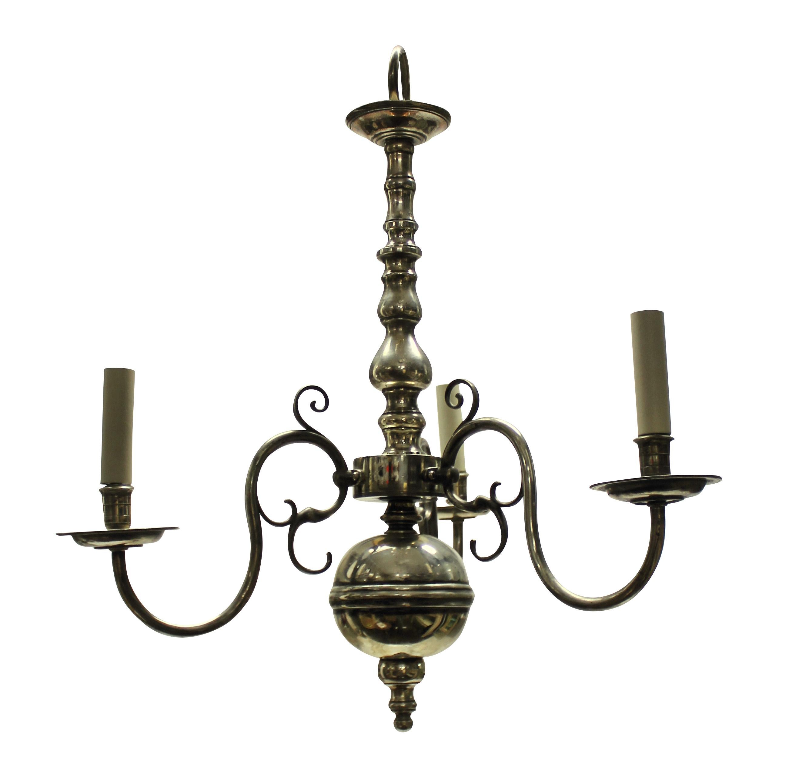 An English silver plated three branch chandelier in the 17th century manner.