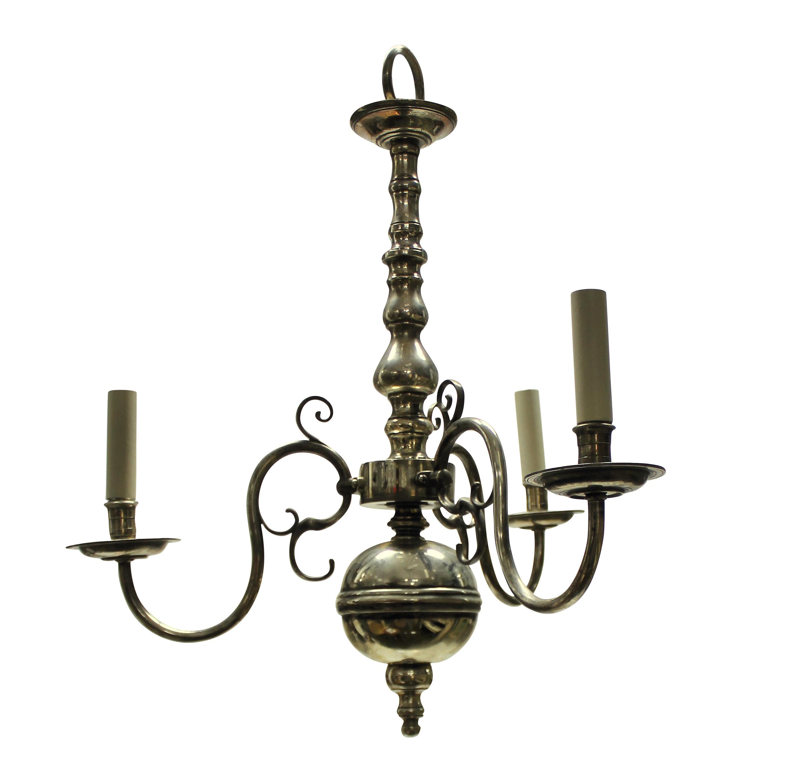 An English silver plated three branch chandelier in the 17th century manner.
