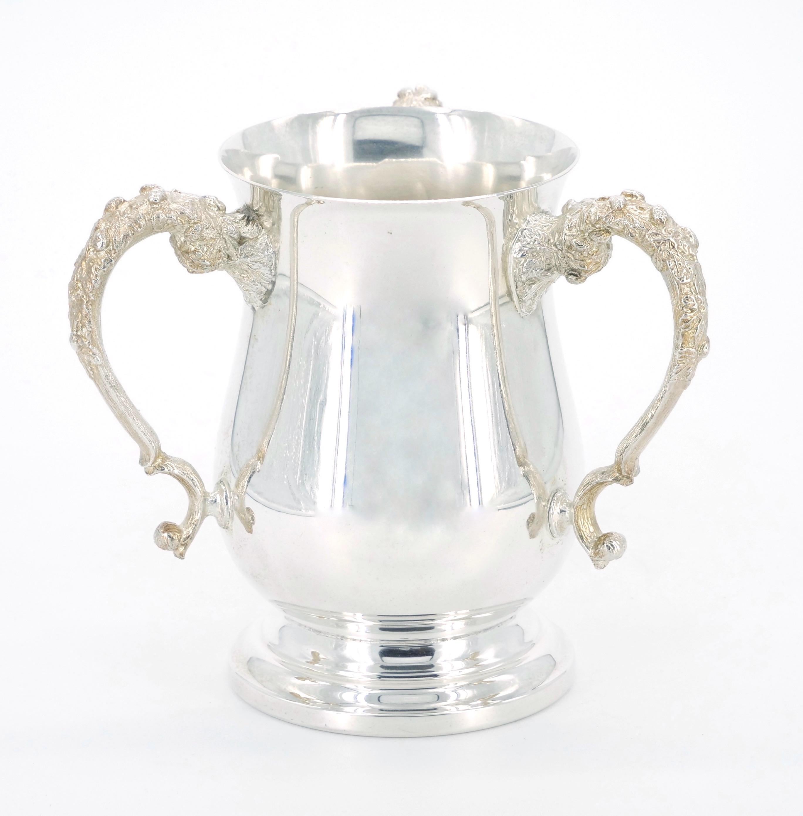 19th Century English Silver Plated Three Handled Cup Vase / Round Footed Base For Sale