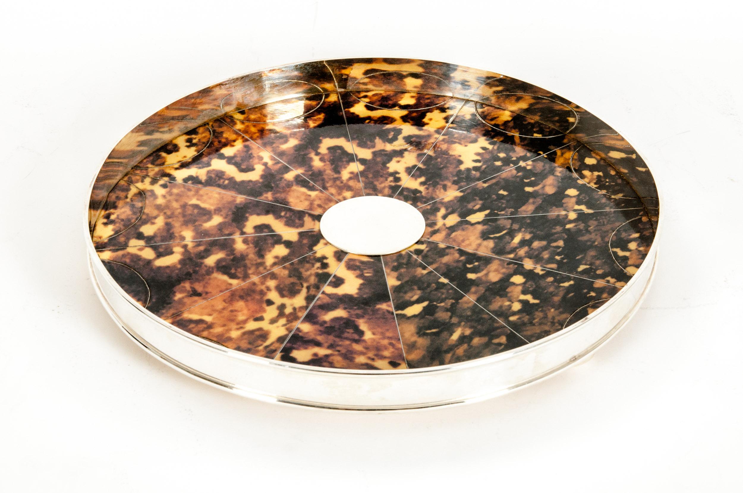 English Silver Plated Tortoiseshell Interior Barware / Serving Tray In Excellent Condition In Tarry Town, NY