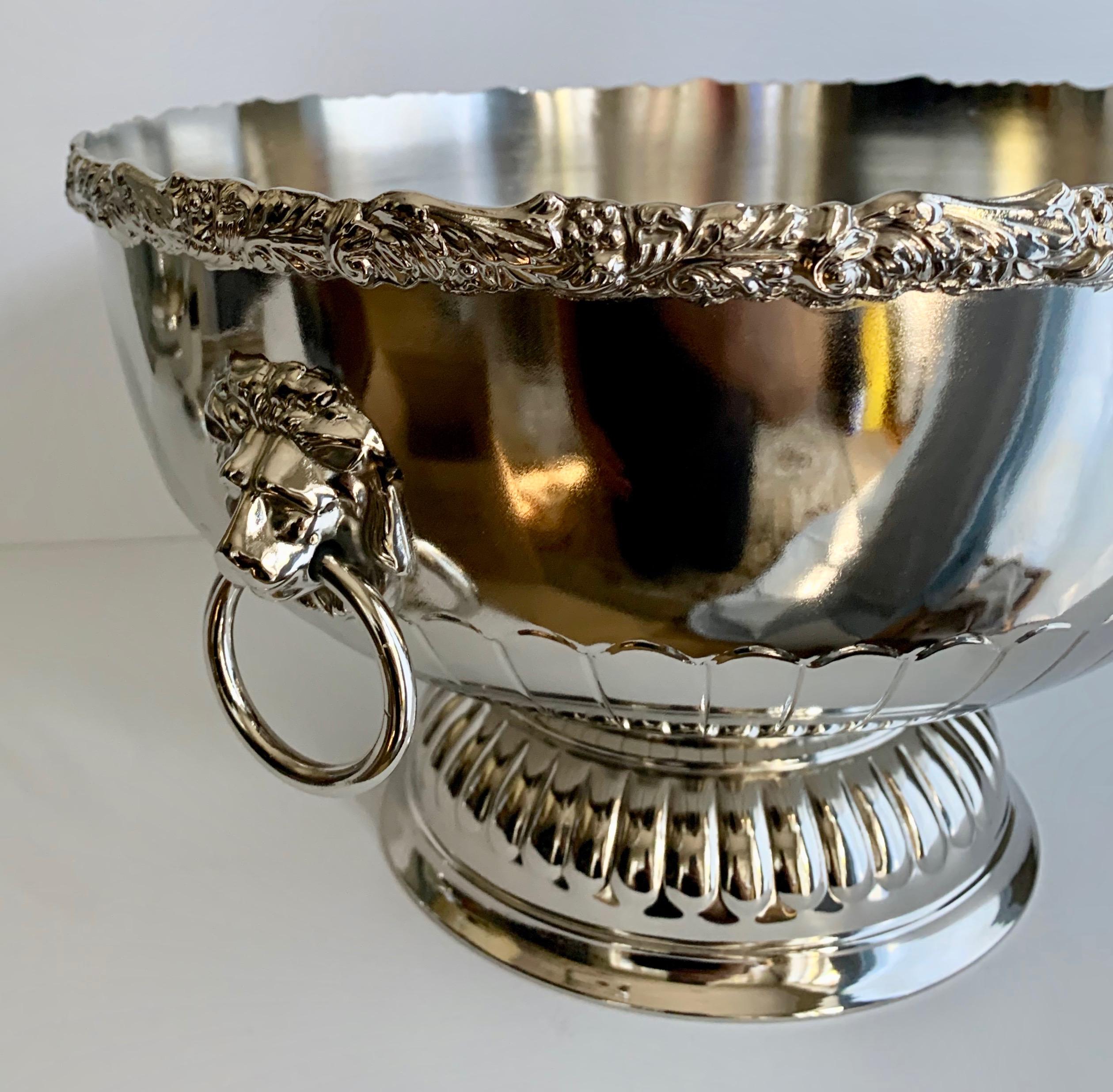 Plated English Silver Punch Bowl with Rim and Lion Handle Details