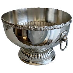 English Silver Punch Bowl with Rim and Lion Handle Details