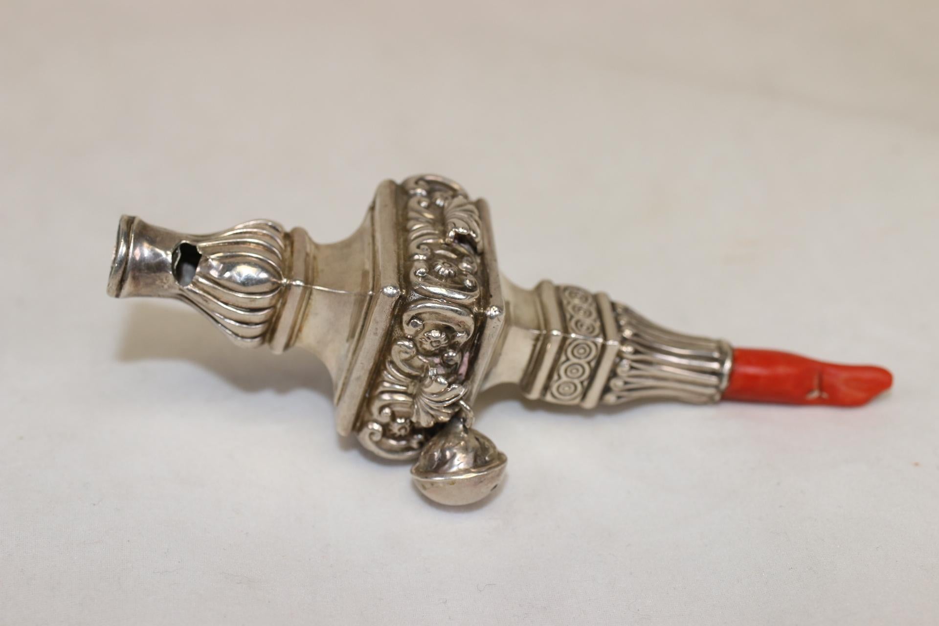 19th Century SILVER children's rattle 1900 English made Silver Rattle with Red Coral, 1900 For Sale