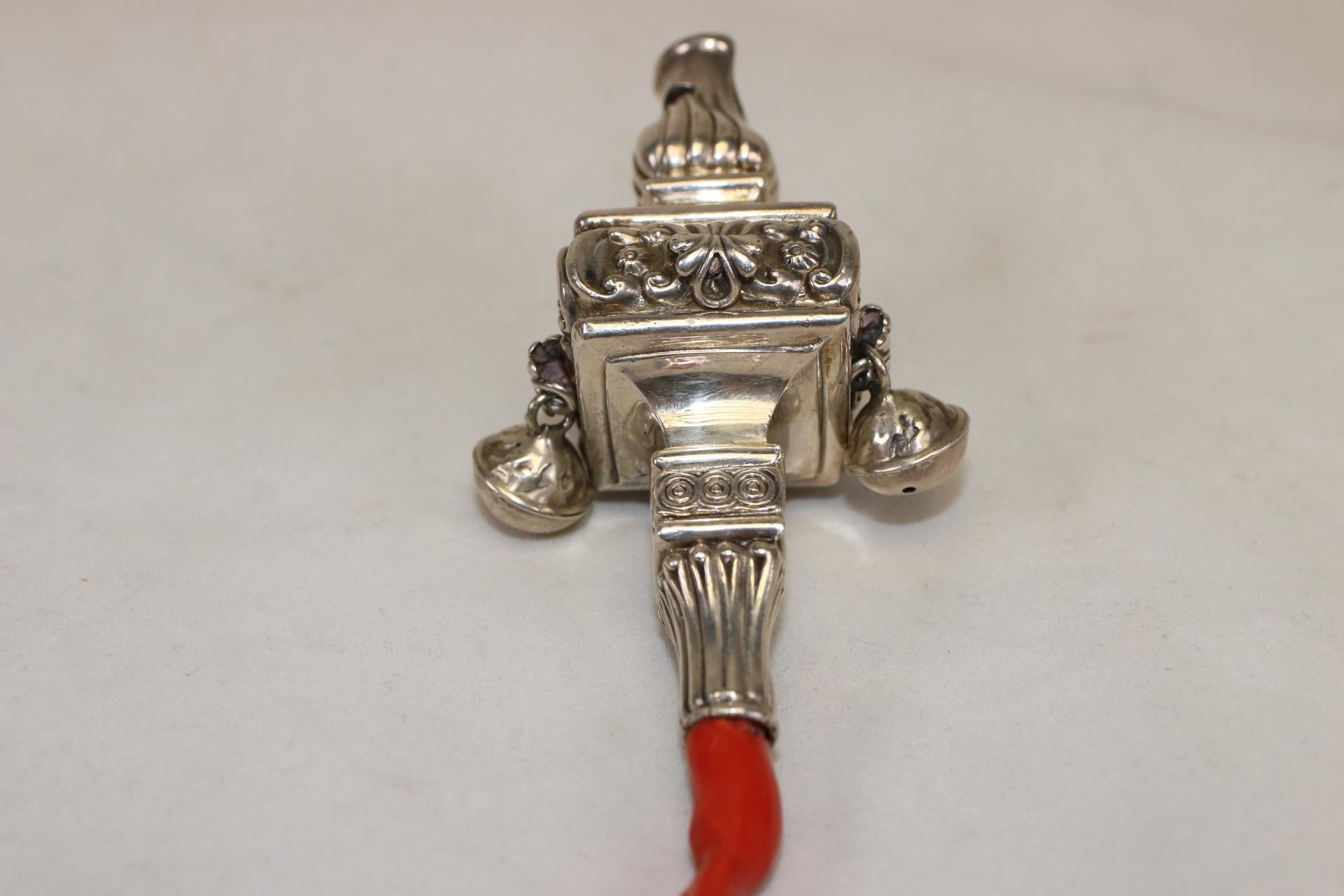 SILVER children's rattle 1900 English made Silver Rattle with Red Coral, 1900 For Sale 1