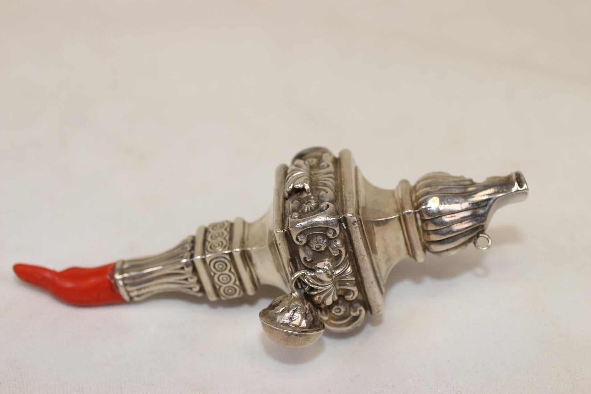 SILVER children's rattle 1900 English made Silver Rattle with Red Coral, 1900 For Sale 2