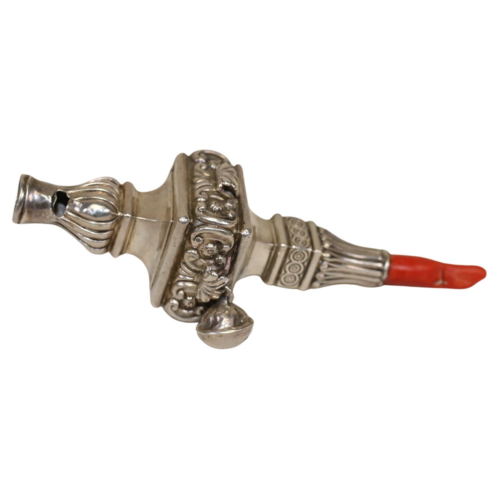 SILVER children's rattle 1900 English made Silver Rattle with Red Coral, 1900 For Sale