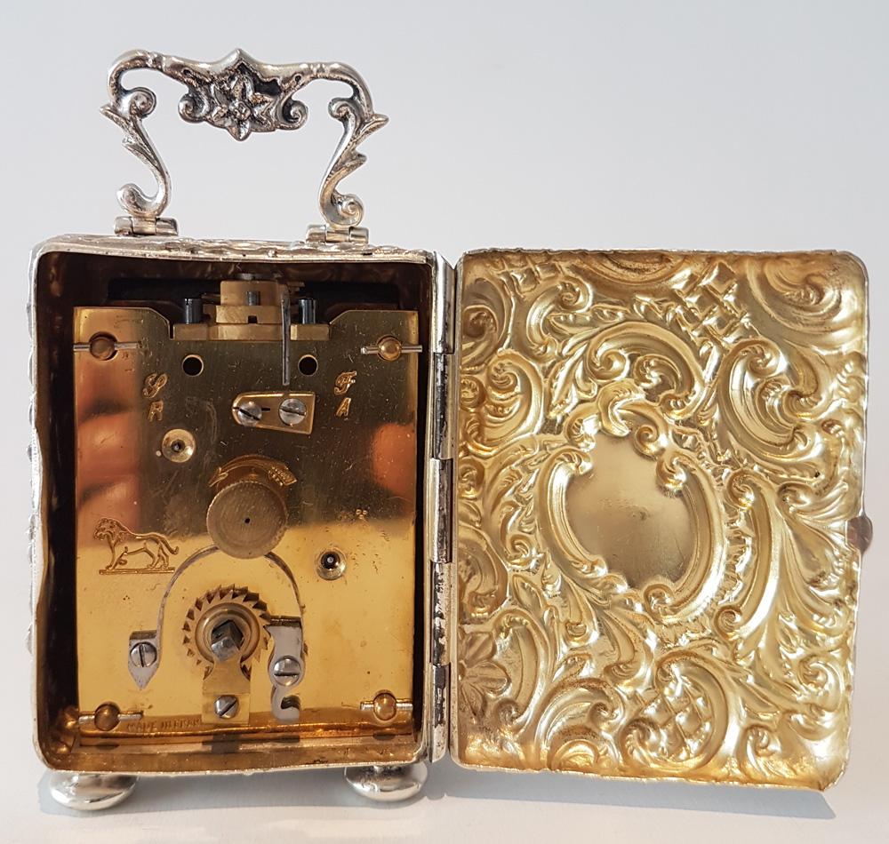 Early 20th Century English Silver Rococo Miniature Carriage Clock by Henry Matthews, Birmingham
