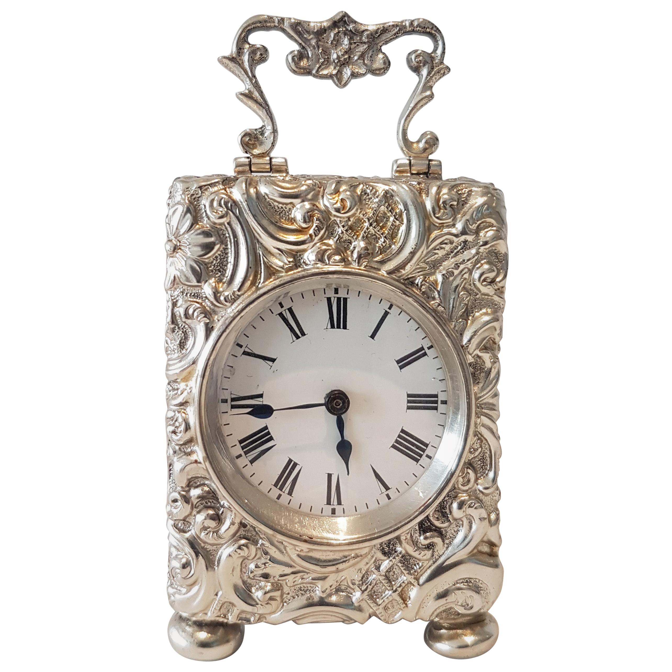 English Silver Rococo Miniature Carriage Clock by Henry Matthews, Birmingham