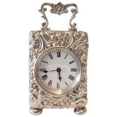 Antique English Silver Rococo Miniature Carriage Clock by Henry Matthews, Birmingham